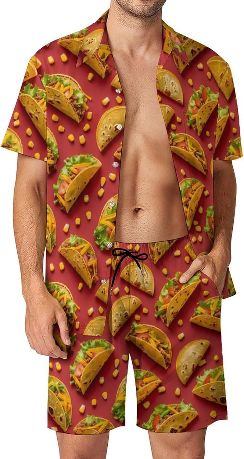 Tacos-Mexican Food Men's Summer Beach Outfits Shirt And Shorts Set 2 Piece Vacation Swimwear