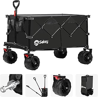 Sekey 200L Folding Festival Trolley with All-Terrain Extra Wide Wheels and Brake, Heavy-Duty Cart Loadable up to 150KG, Patented Four-Directional Foldable Design, Wagon for Beach Camping Garden, Black