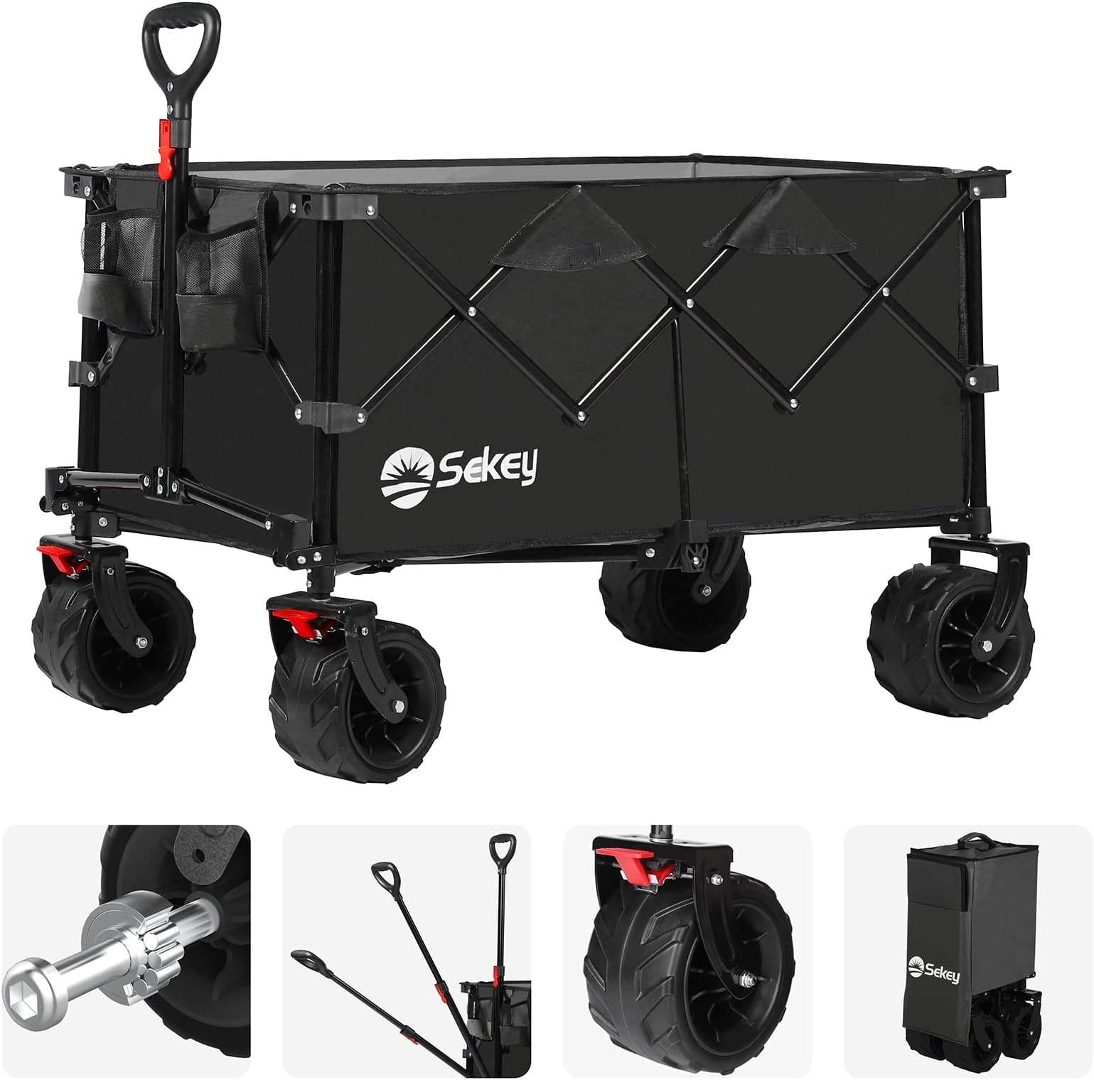Sekey 200L Folding Festival Trolley with All-Terrain Extra Wide Wheels and Brake, Heavy-Duty Cart Loadable up to 150KG, Patented Four-Directional Foldable Design, Wagon for Beach Camping Garden, Black