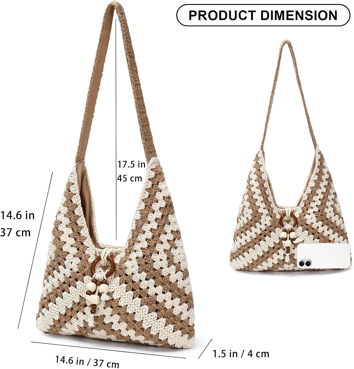 Crochet Knitted Bohemian Beach Purse for Women,Crochet Woven Boho Shoulder Bag Tote Handbags Summer Vacation Soft Foldable
