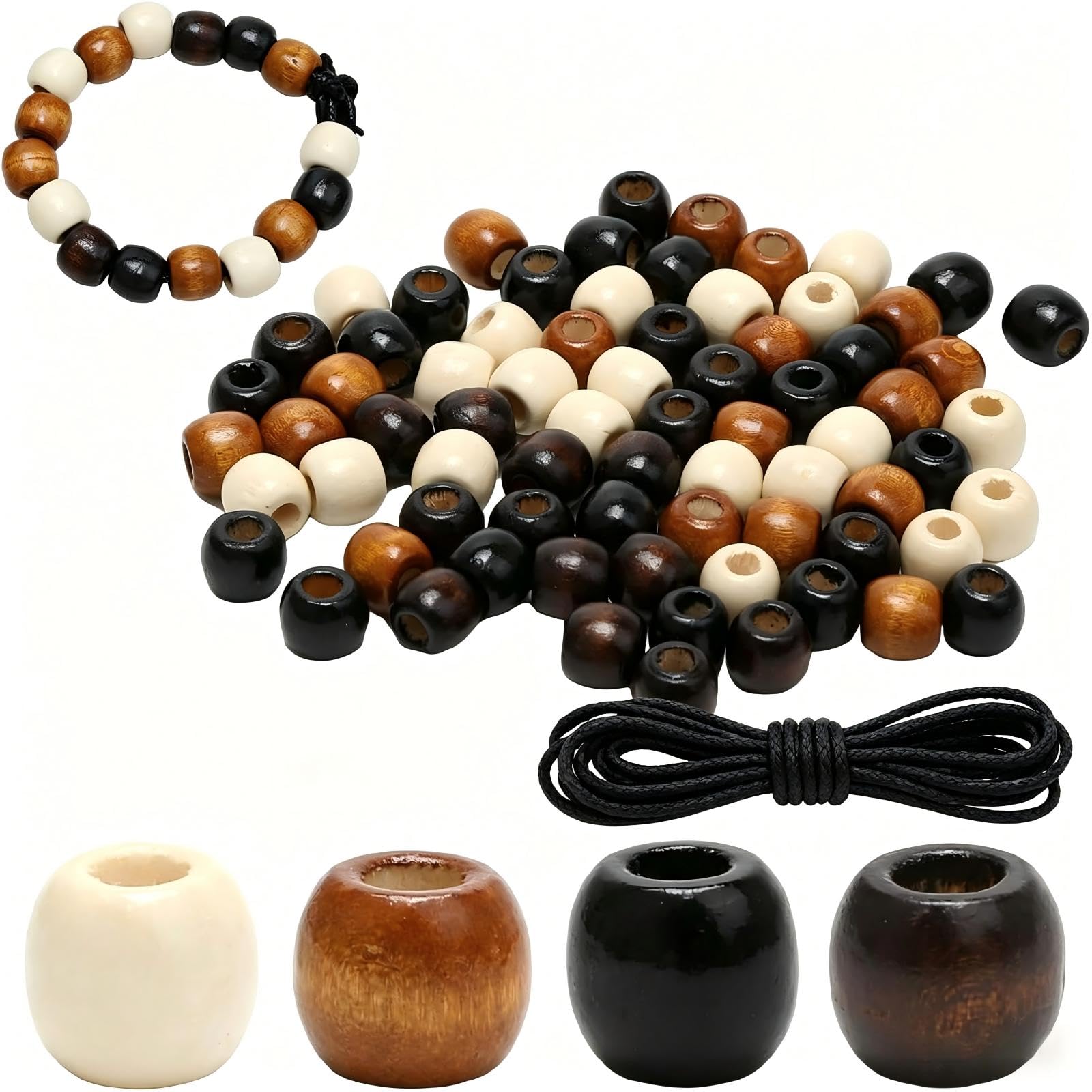 200 Pcs Wooden Beads for Crafting - Large Hole Hair Beads for Braids for Adults, 12x11mm Natural Wood Beads with Leather Cord & 4 Colours for Bracelet Making, Dreadlock Accessories, Macrame Beads DIY