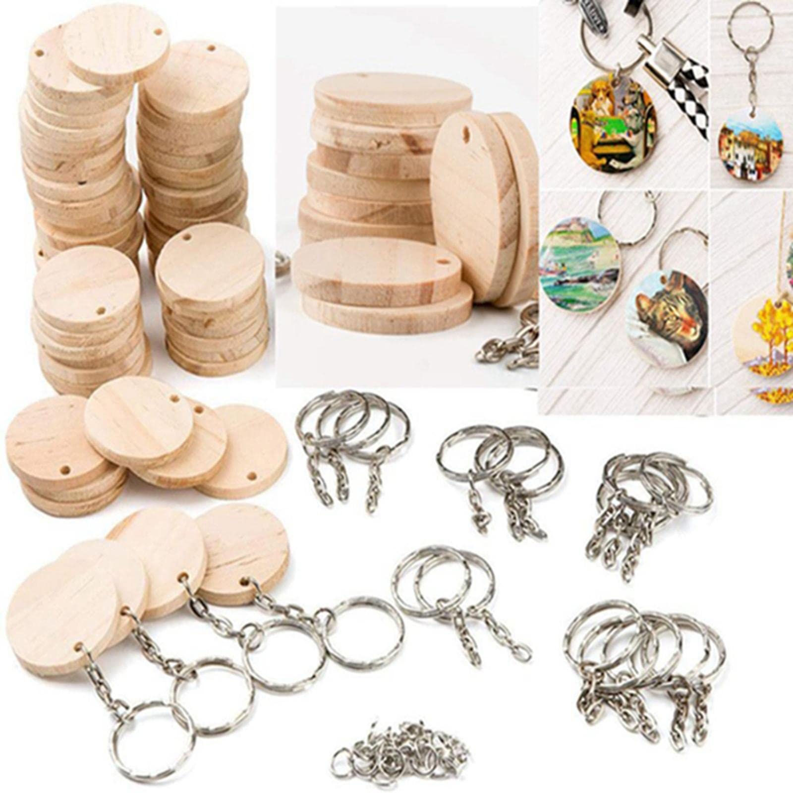 20 Piezas Kit Artesanal de Llaveros de Madera con Anillas y Discos Lisos para Grabar Nombres O Mensajes Especiales Apto para Hacer Recuerdos, 5 Piezas