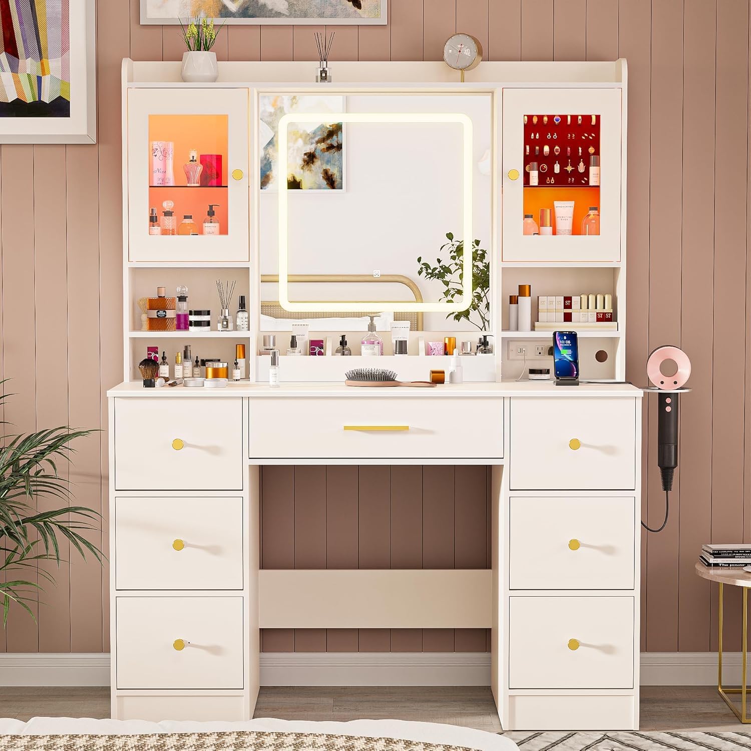 Makeup Vanity Desk with Mirror and Lights - White Large Vanity Desk with Drawers & Jewelry Cabinet,Vanity Table with Charging Station, Make up Vanity with Lights, Dressing Table for Bedroom Women