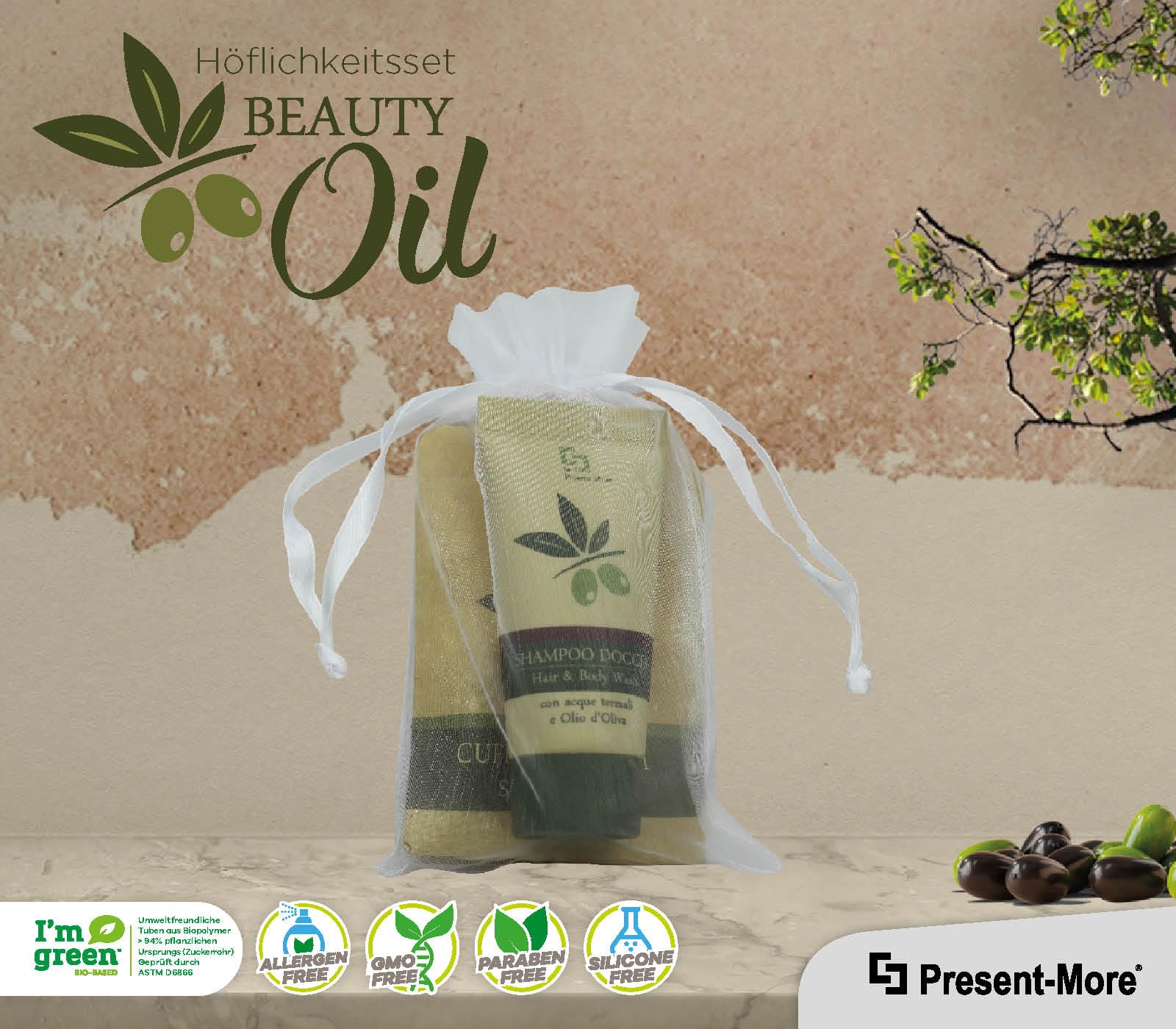 Present-More Amenities Kit Beauty Oil - Prestige Kit Toilettenartikel 35 Gäste für Hotels und B&B | Allergenfreie Amenities Kit mit Duftnote Tahitian