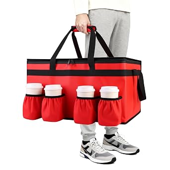 Insulated Food Delivery Bag with 4 Cup Holders, XX-Large Insulated Grocery Bags Keep Food Hot/Cold, Cooler Bags with Drink Carrier, Food Carrier Catering Bag, Commercial Food Warmer Bag, Red