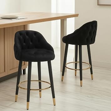 Hyfirm Upholstered Tufted Bar Stools Set of 2, 26" H Velvet Counter Height Bar Stools Glam Barstools with Gold Footrest & Fabric-Covered Legs for Kitchen Island Dining Room Bar, Black
