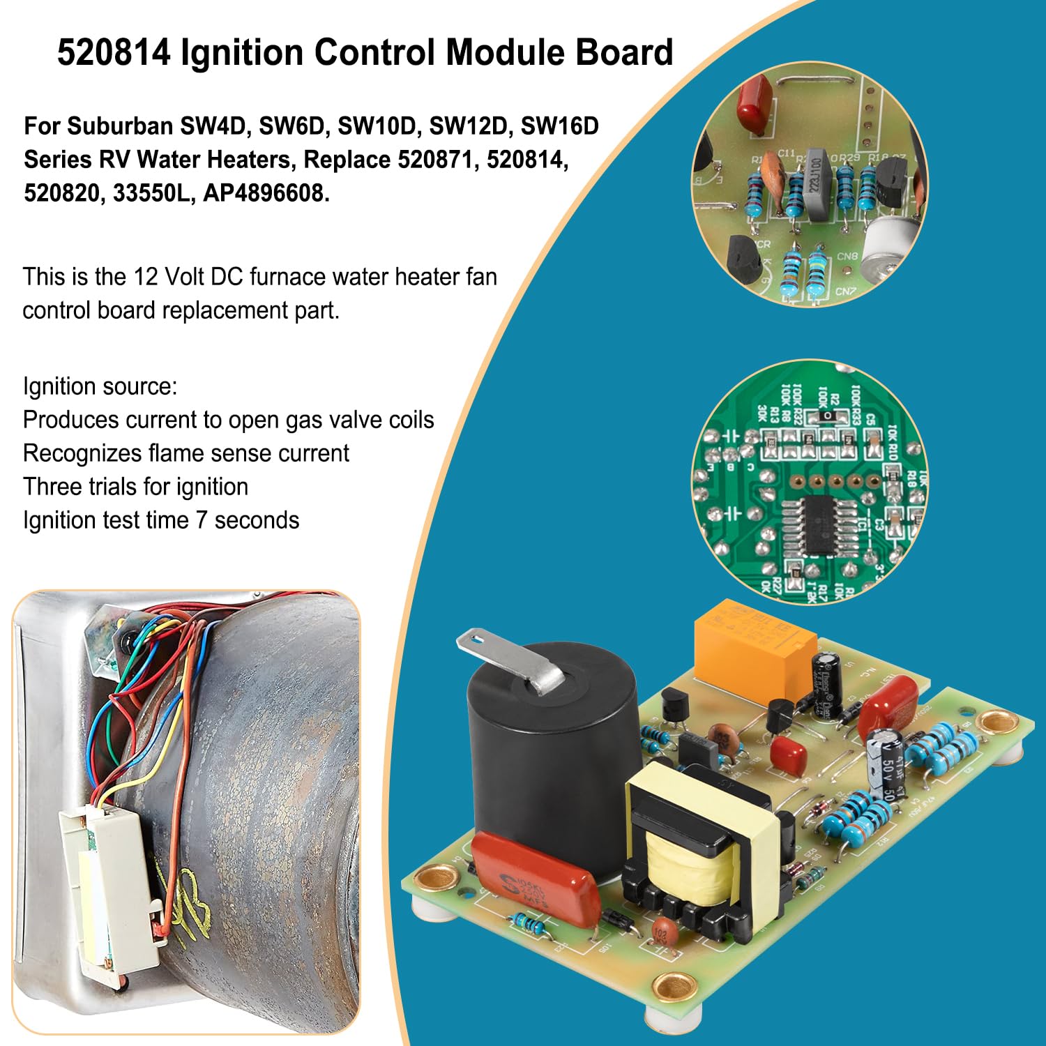 520814 Ignition Control Circuit Board Igniter Module Replacement Parts Kit Fit For Suburban RV Water Heater & Furnace, For SW4D, SW6D, SW10D, SW12D, SW16D RV Water Heaters, Replace 520820 520871