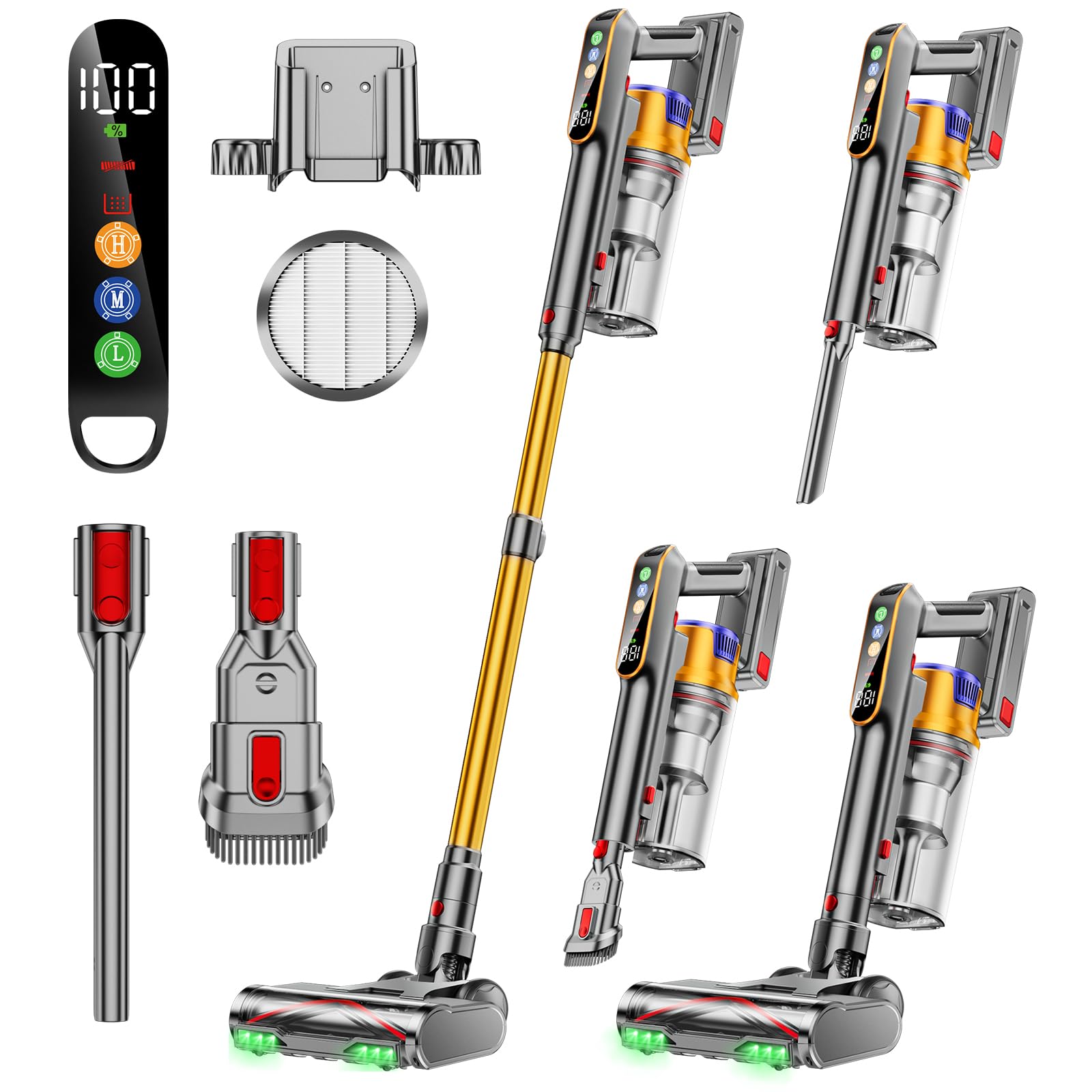 DIFFULL Cordless Vacuum Cleaner, 600W 50KPA 65Mins Vacuum Cleaners, Stick Vacuum with 1.8L Large Dust Cup, 8-Stage Filter System, Green Light for Pet Hair Carpet Hard Floor(Gold)