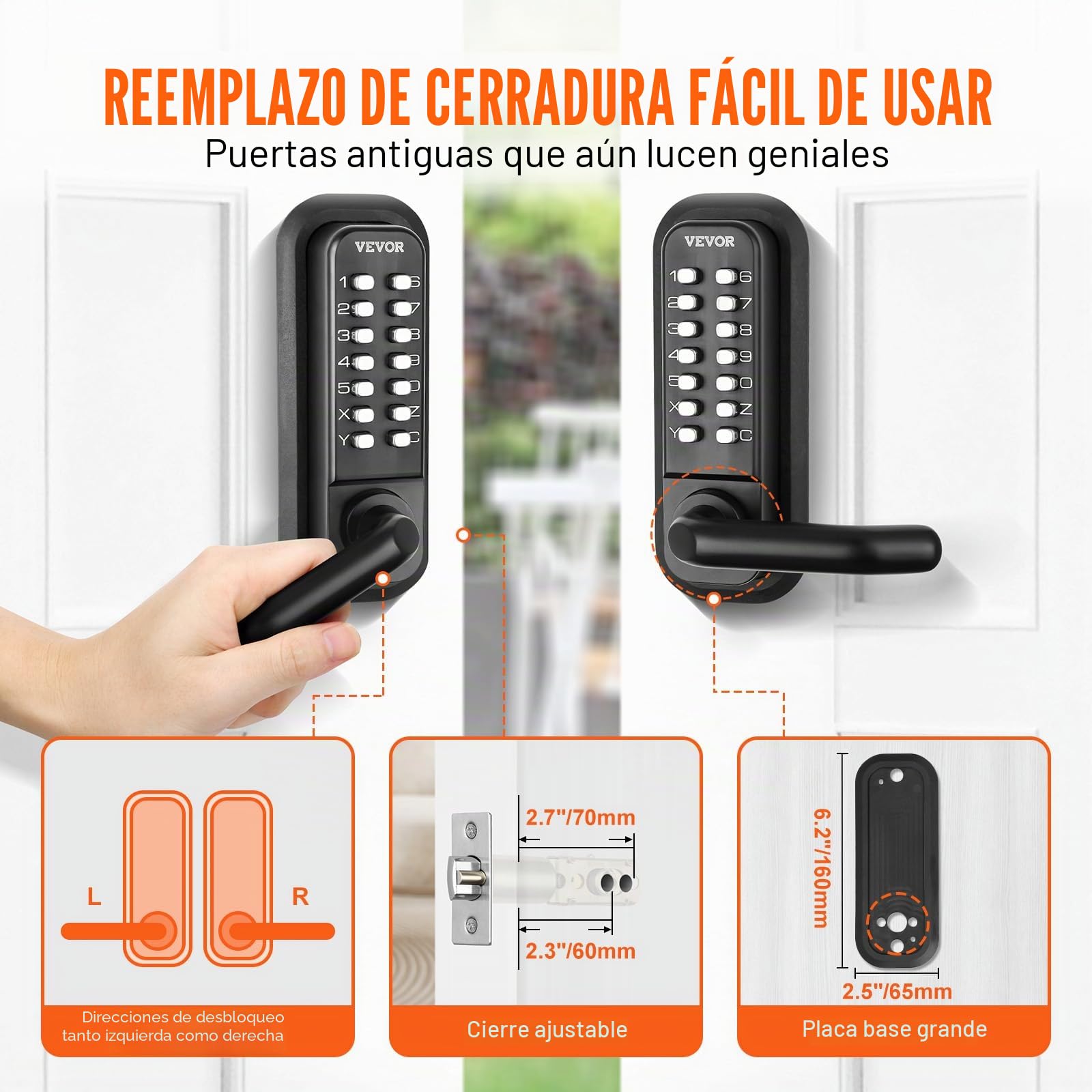 VEVOR Cerradura de Puerta Mecánica sin Llave Cerradura Codificada de Aleación de Zinc Teclado de 14 Teclas Manija de Puerta de Entrada Exterior Izquierda y Derecha para Puertas Espesor 35-65 mm