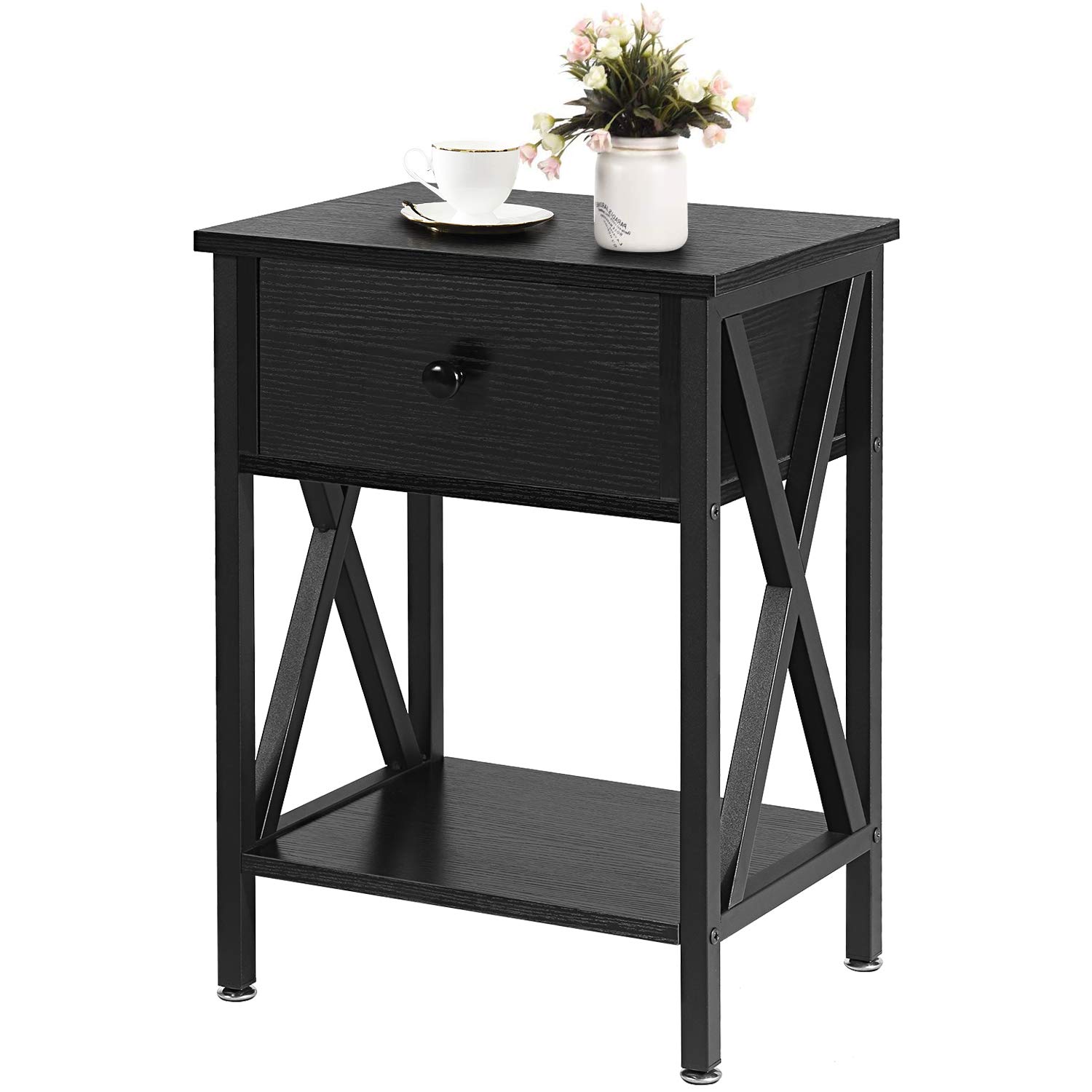 VECELO Side/End Table Nightstand with Drawer & Storage Shelf for Living Room Bedroom, Versatile X-Design, Retro Blk