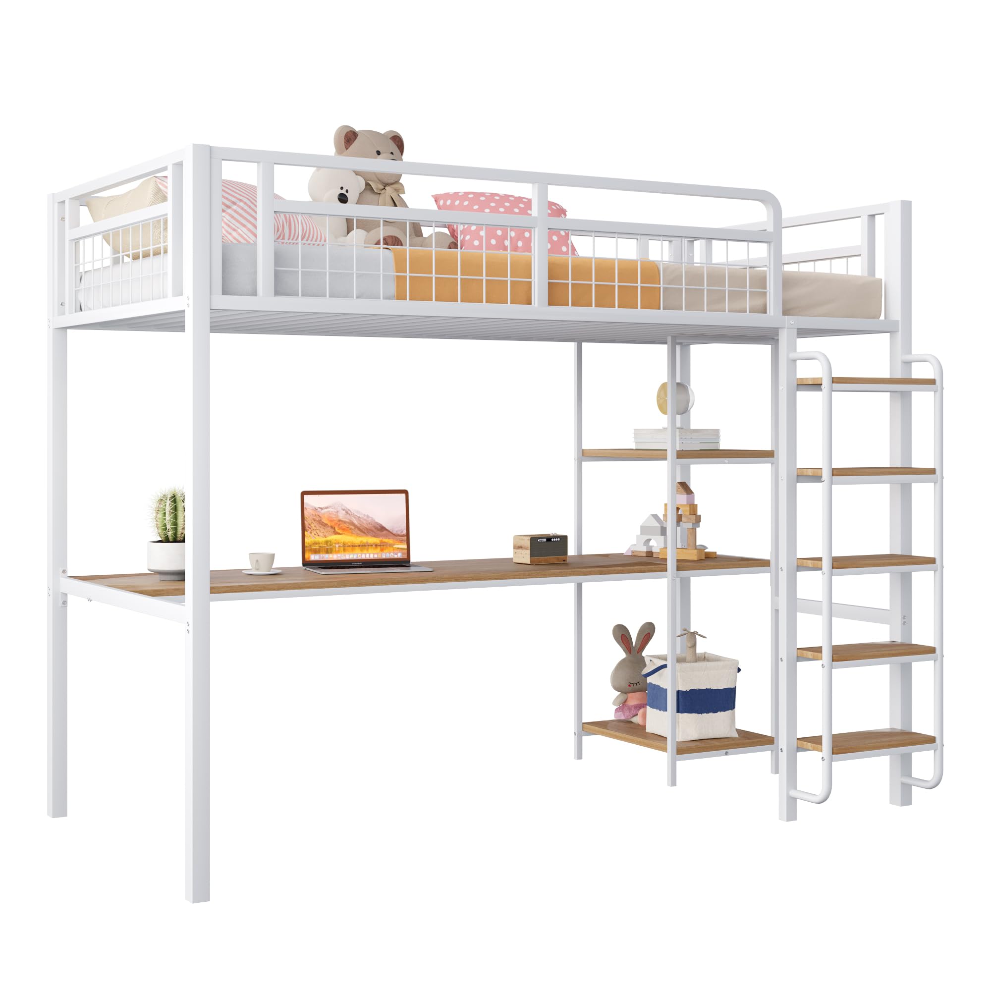 Azkoeesy Cama alta de metal con escritorio, estantería, escalera de 90 x 200 cm, litera, cama juvenil, para adultos y adolescentes, color blanco