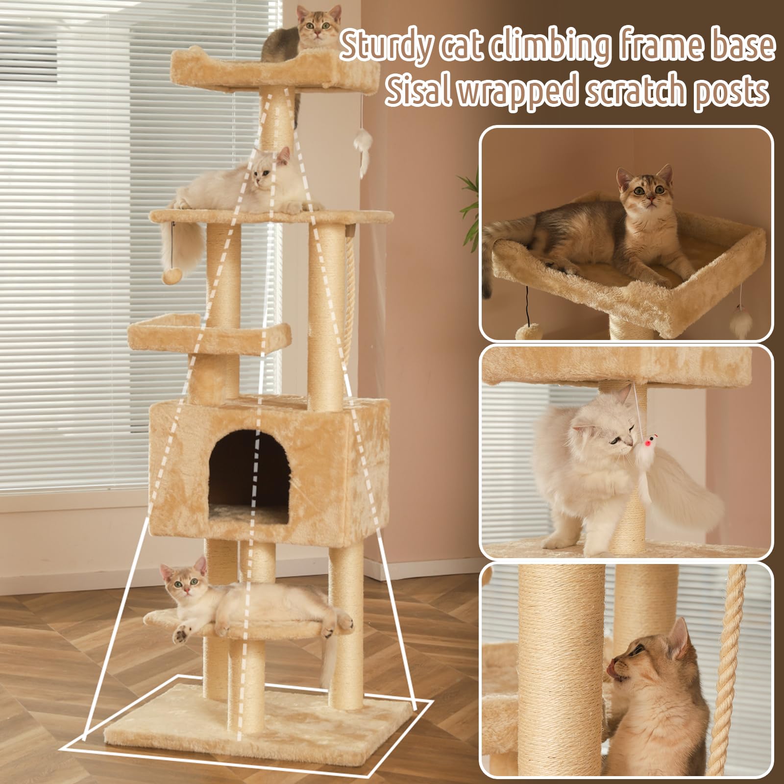 Tiragraffi per Gatti Adulti, Albero per Gatti Alto 160Cm, Tiragraffi Gatto Stabile Multilivello, Alberi per attività per Gatti con Pali in Sisal Casetta per Gatti Pompon in Peluche