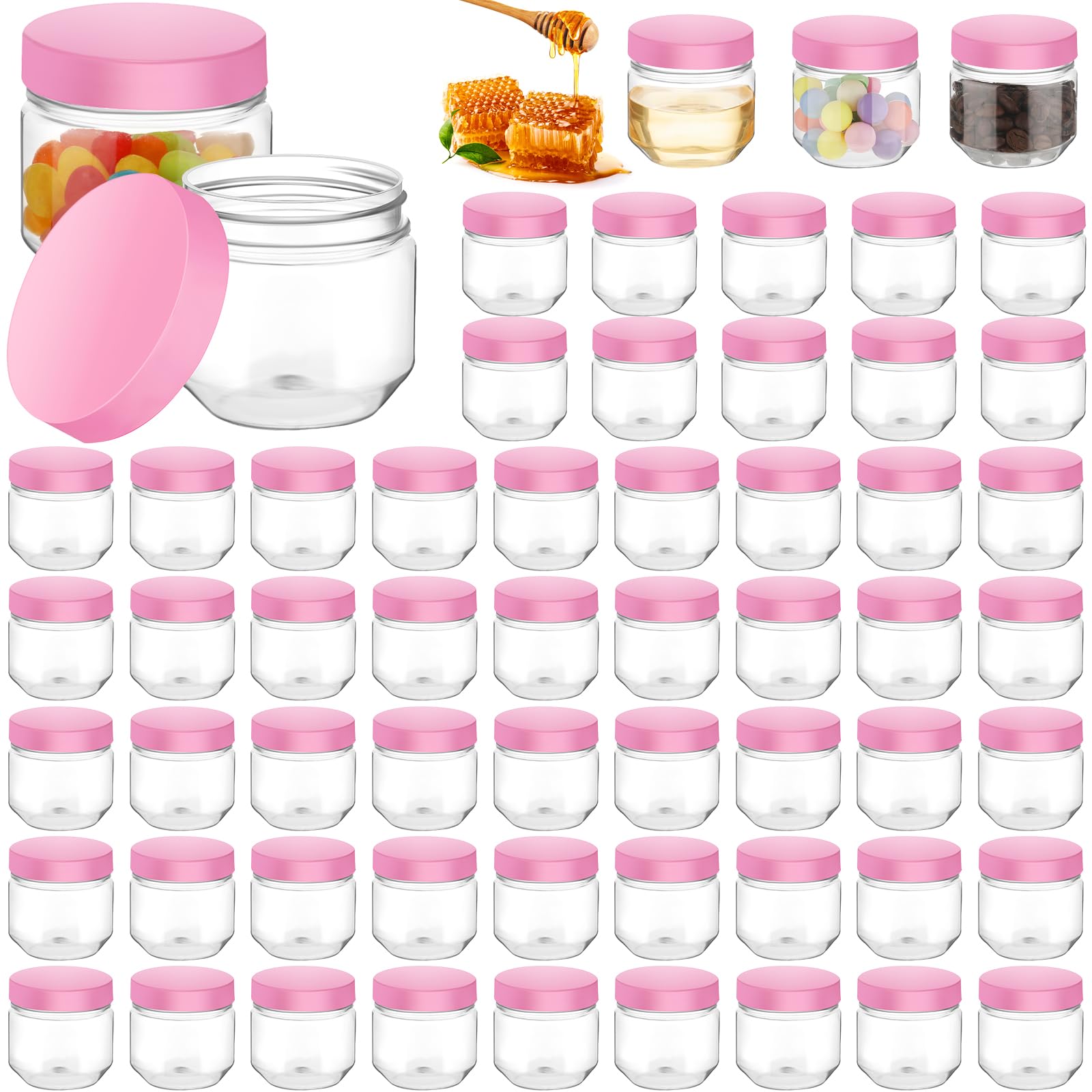 Tanlade 60 Pcs 3 oz Clear Plastic Jars with Lids Wide Mouth Mason Jars Mini Storage Containers Bulk for Herb Jelly Wedding Valentine Favors Shower