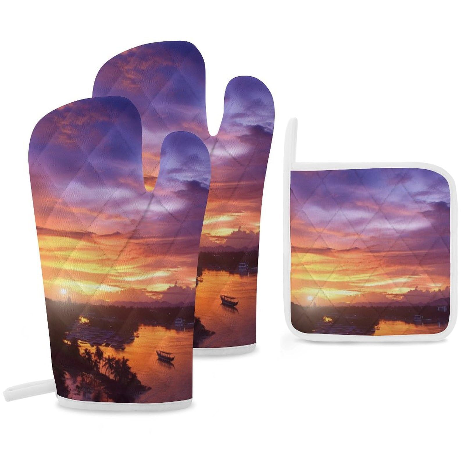 Oven Mitts and Pot Holders Set of 3 Heat Resistant Non-Slip Kitchen Gloves Hot Pads Beautiful Sunset at Thailand Mittens Gloves Non-Slip Potholders for Cooking Baking Grilling BBQ