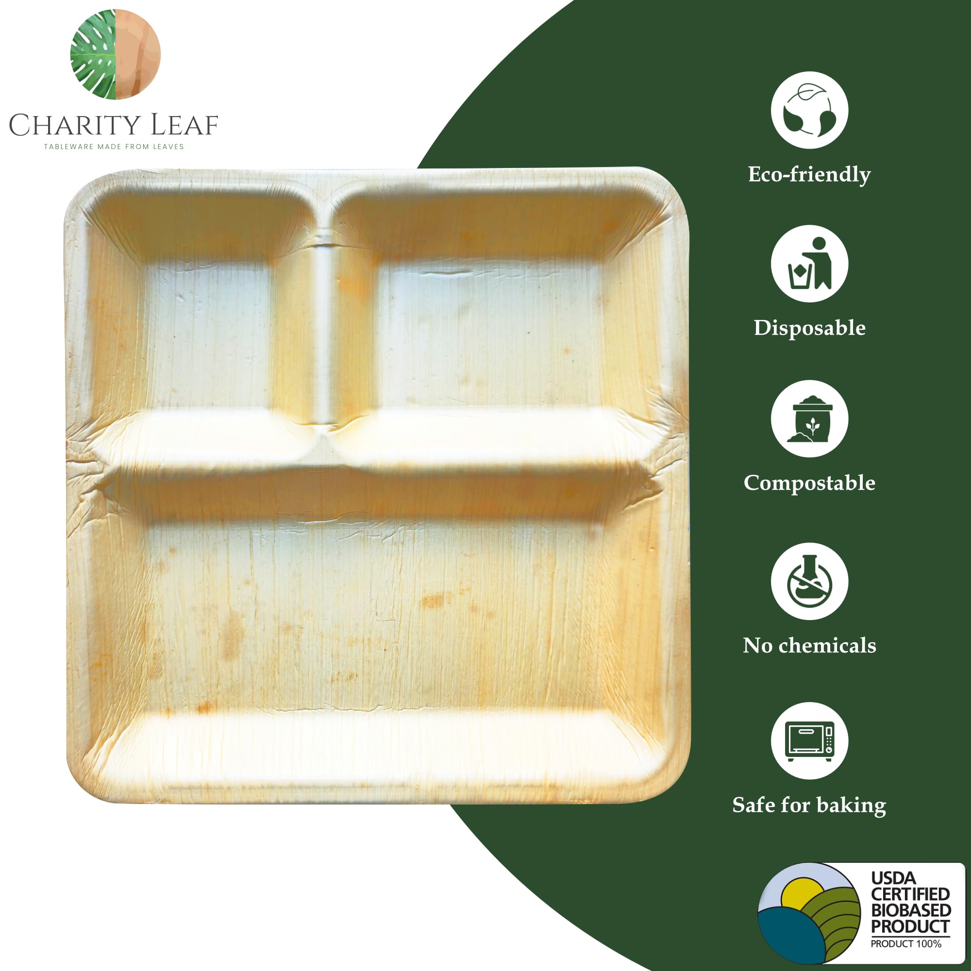 Charity Leaf Platos de cena compostables de hoja de palma con compartimento cuadrado de 10 pulgadas (paquete de 25) | Premium, 100% natural, desechable, resistente, perfecto para fiestas, bodas y