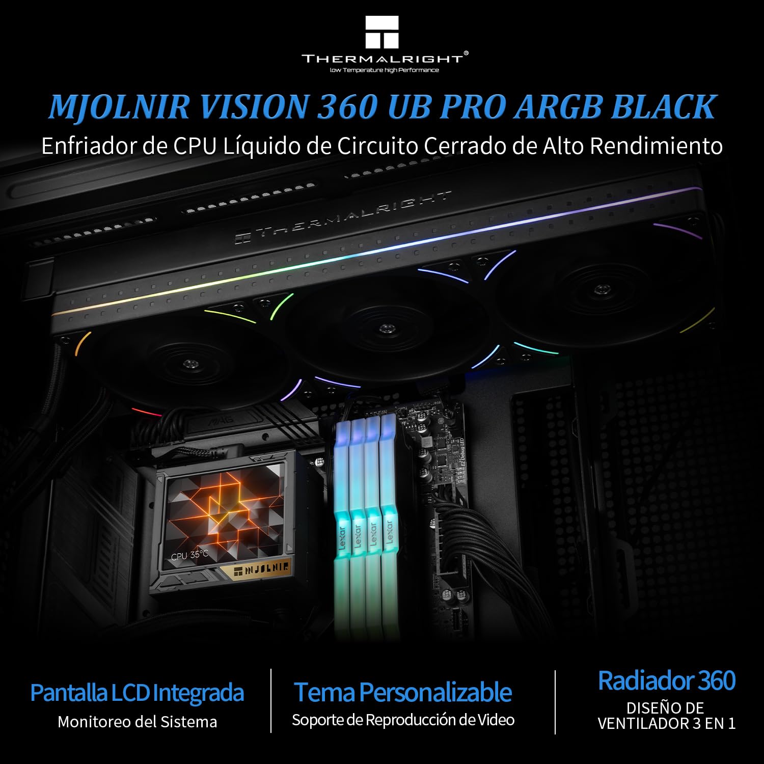 TR Mjolnir Vision 360 UB PRO ARGB Refrigerador negro de CPU Aio, sistema de refrigerador de agua especificación PC 360 con ventilador en línea,pantalla LCD de 3,5'' con resolución 640x480,para AM4/AM5