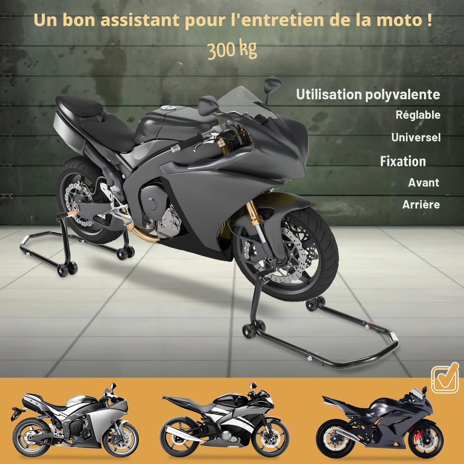 Gimisgu Lève-moto arrière, béquille, pour soulever l’arrière de la moto, dispositif de levage, largeur réglable, pour travaux de maintenance/montage sur motos jusqu'à 300 kg (noir)
