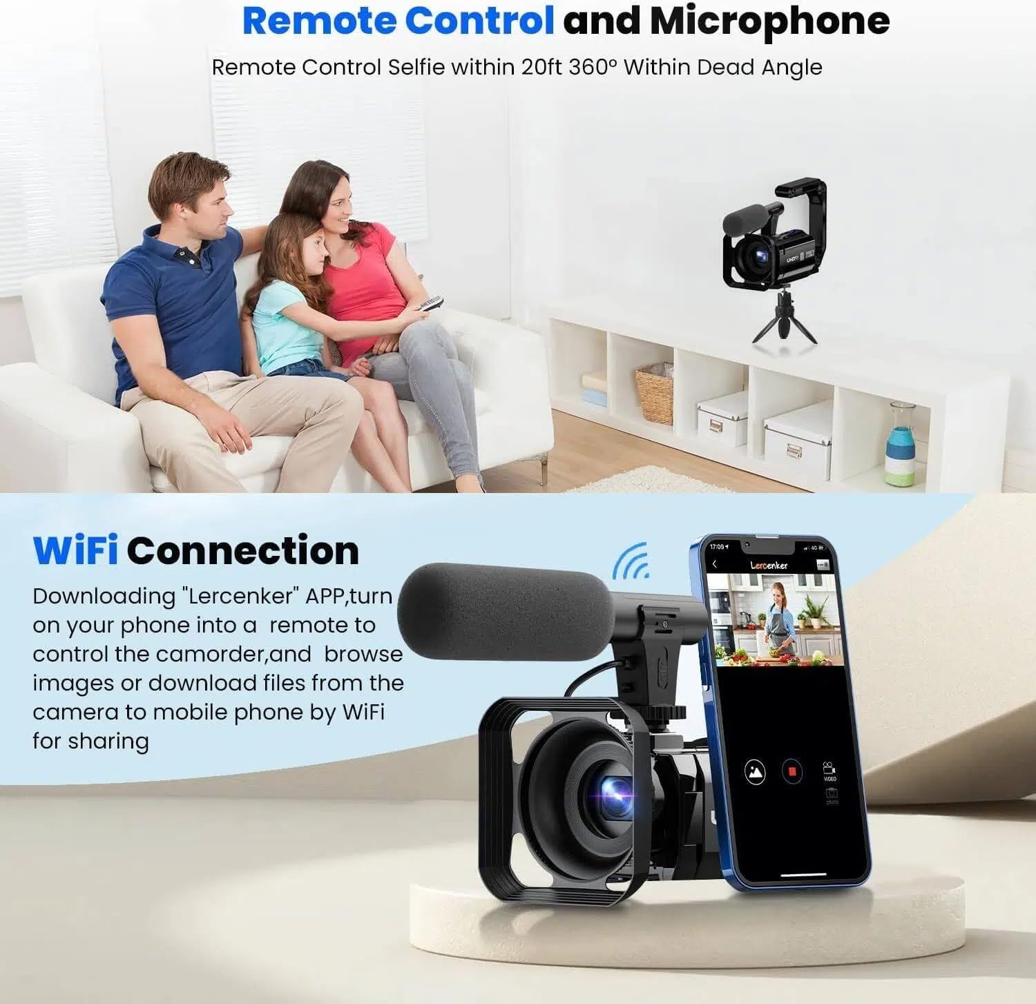 Caméra Vidéo 5K WiFi 56MP Double Objectif 16X Zoom Numérique IR Vision Nocturne 3" Écran Tactile avec 2 Piles et Carte 64 Go