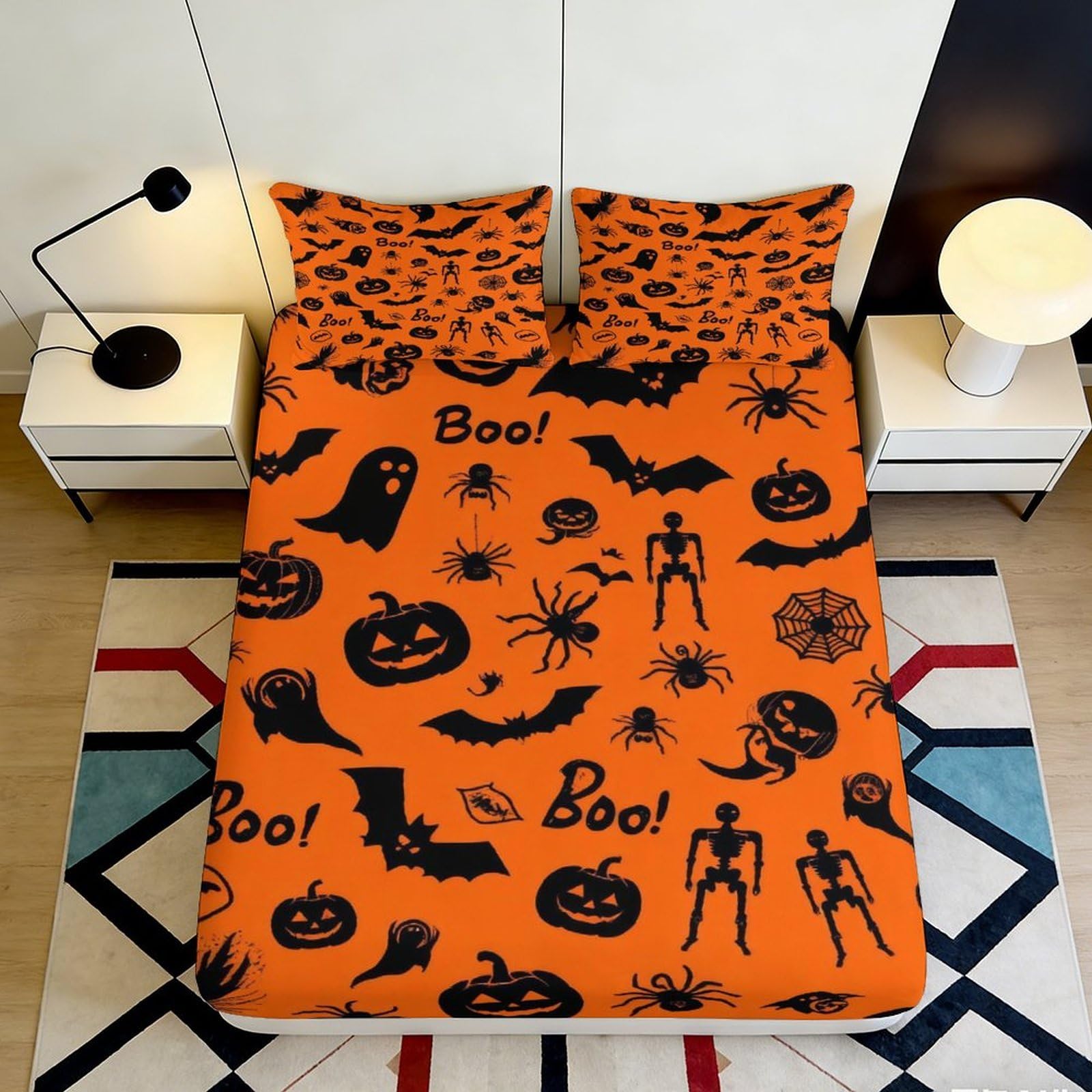3D Printed Halloween Pumpkin Fitted Sheet Microfiber Soft Orange Skeleton Bat Bed Cover for Bedroom Dorm Decor 90x200x25cm