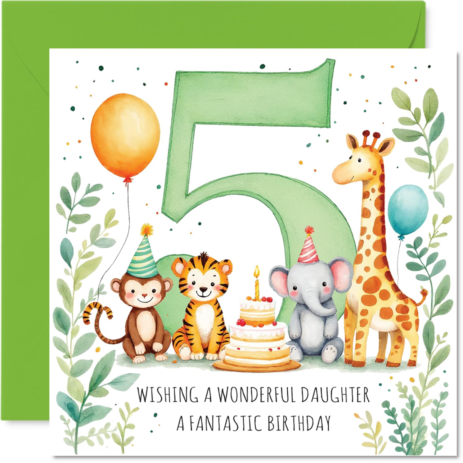 Cute 5th Birthday Card for Daughter - Joyful Birthday Fun - Playful Animals, Cake and Bright Balloons with a Bold Number 5-145mm Square, Envelope Included