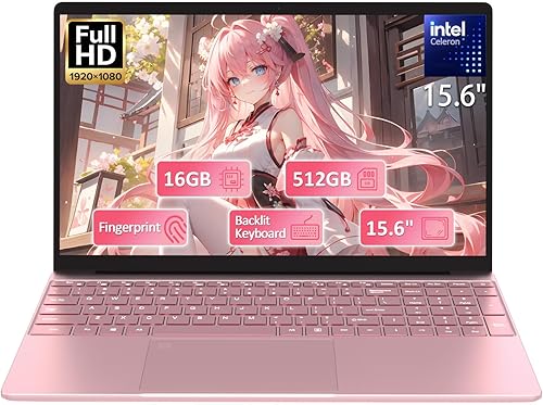 Laptop de oro rosa de 15.6 pulgadas con teclado retroiluminado y lector de huellas dactilares, 16 GB RAM 512 GB NVMe SSD, cámara web, WiFi 5, BT