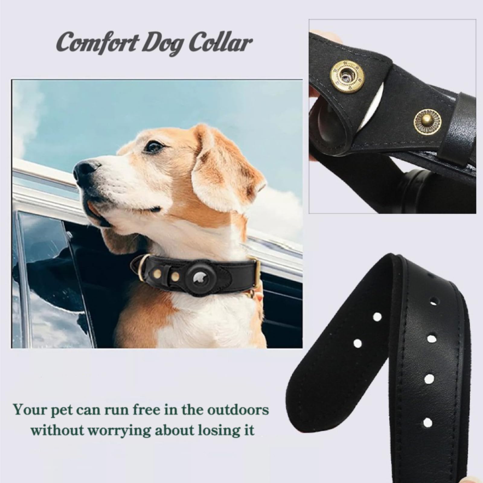 Collier pour Chien airtag Collier pour Chien en Cuir avec Rembourrage Doux Réglable pour éviter la Perte du Collier pour Petits Moyens et Grands Chiens(Noir,L)