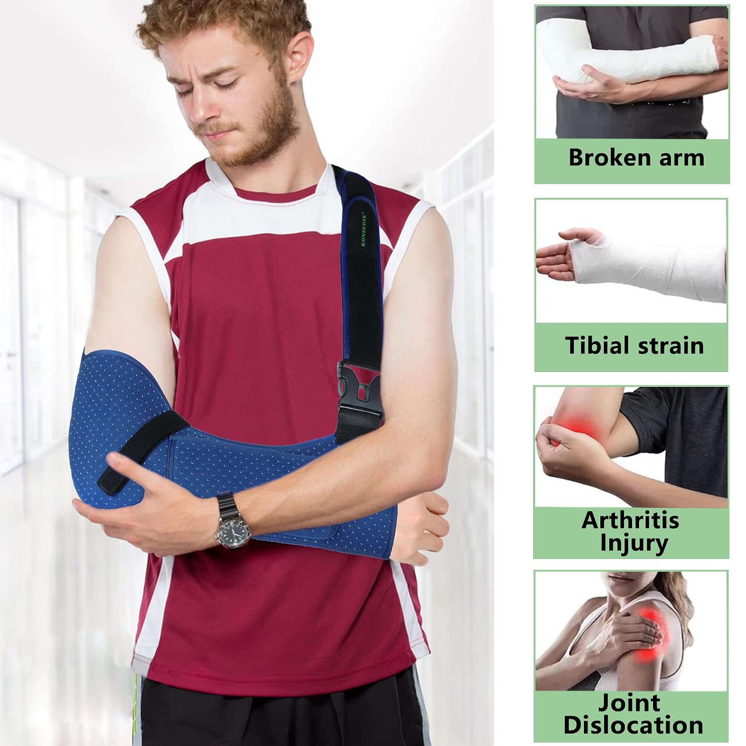 KONSEDIK Arm Shoulder Sling for Men and Women,Porous comfort Medical Sling with Pocket Shoulder Pad for Rotator Cuff Injury,Support for Arm,Wrist, Elbow,Clavicle Fracture Post-Surgery(Blue,Medium)