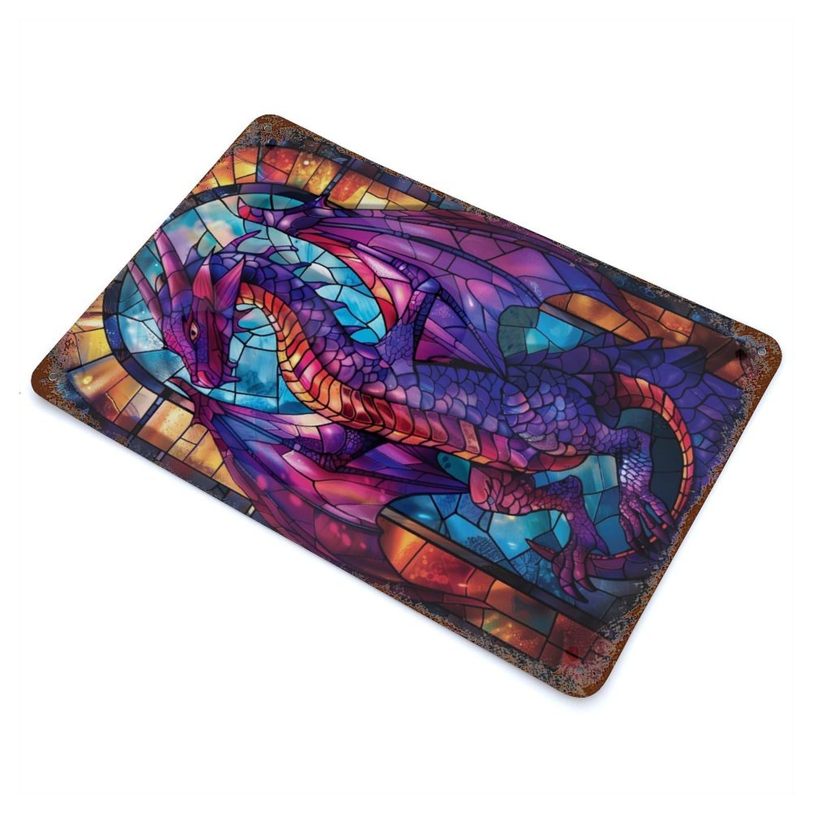 Stained Glass Dragon 11.8"x7.9" Rust Effect Tin Sign, Rustic Home Decor for Office, Studio And Wall Decor