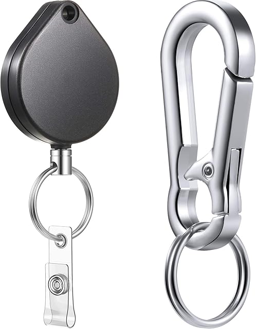 Retractable Badge Holder Reel, Heavy Duty Retractable Keychain with Carabiner Reel Clip and Key Ring for ID Card and Keychain Steel Wire Cord Up to 35.83 Inch
