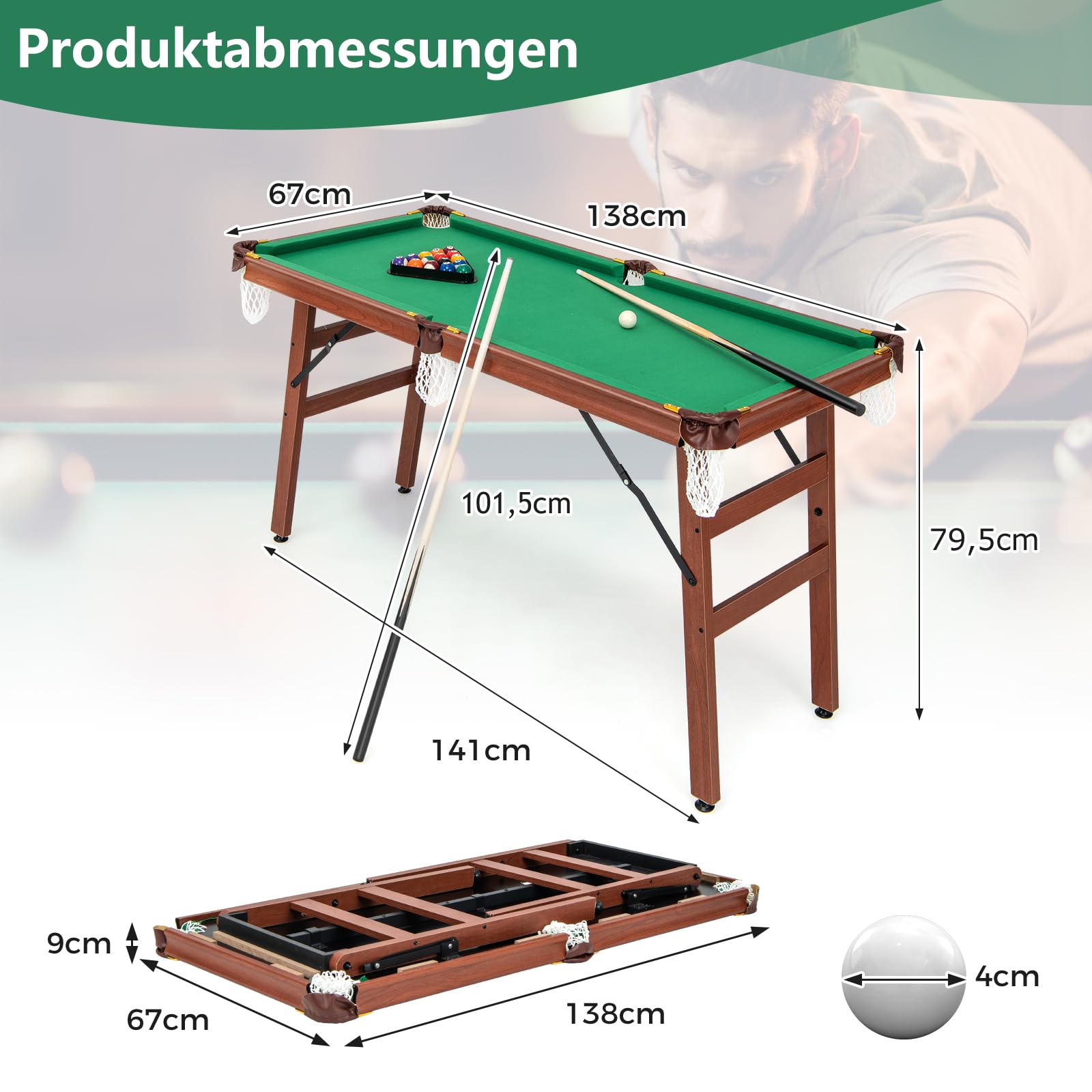 DREAMADE Klappbarer Billardtisch Pooltisch für Kinder & Erwachsene, Tischspiel Tischbillard mit 16 Kugeln & Dreieck & 2 Kreiden & 2 Queue-Sticks 138 x 67 x 79,5 cm