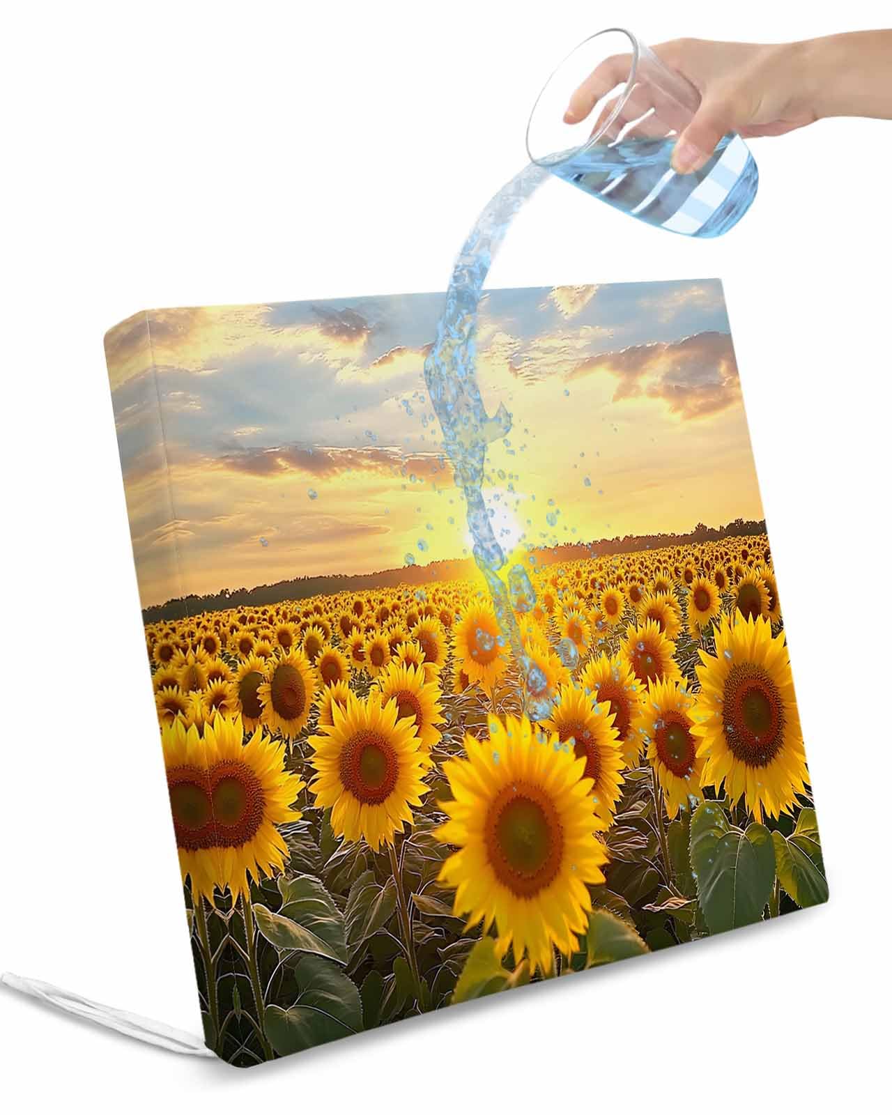 2 Pack Sunflowers Waterproof Cushion Covers with Ties, Outdoor Patio Chaise Lounge Chair Seat Cushion Slip Covers Replacement(Only Cover) Farmhouse Natural Botanical Sunset Scenery 22
