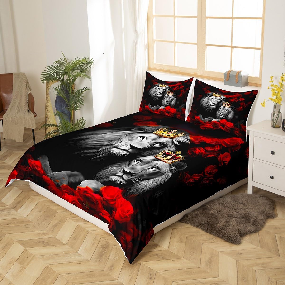 jejeloiu Wild Lion Couple Bedding Set Full Size Couple Red Rose Floral Comforter Cover Set for Girls Women Lover Gold King and Queen Crown Duvet Cover Valentine's Day Bedspread Cover Room Decor