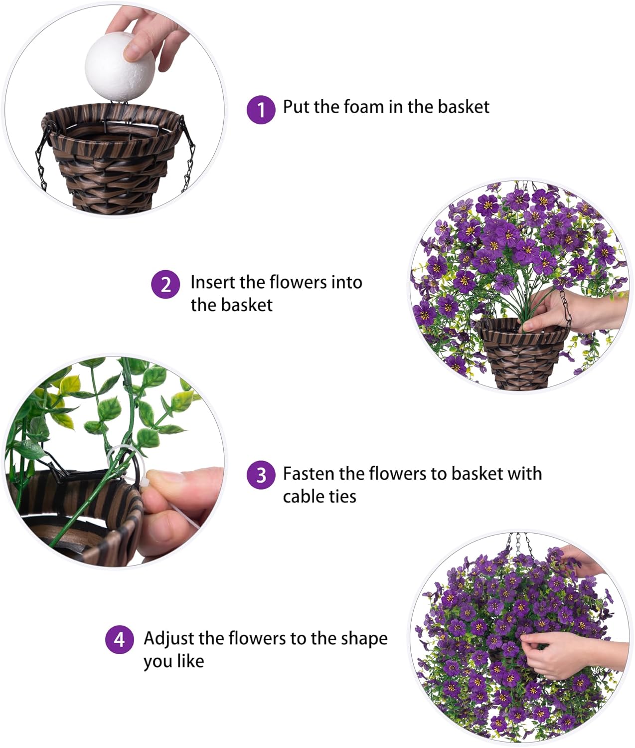 HyeFlora Artificial Hanging Flowers Basket for Outdoor, Fake Flowers Faux Plants Look Real for Yard Gardens Porch Patio Home (Darkpurple)