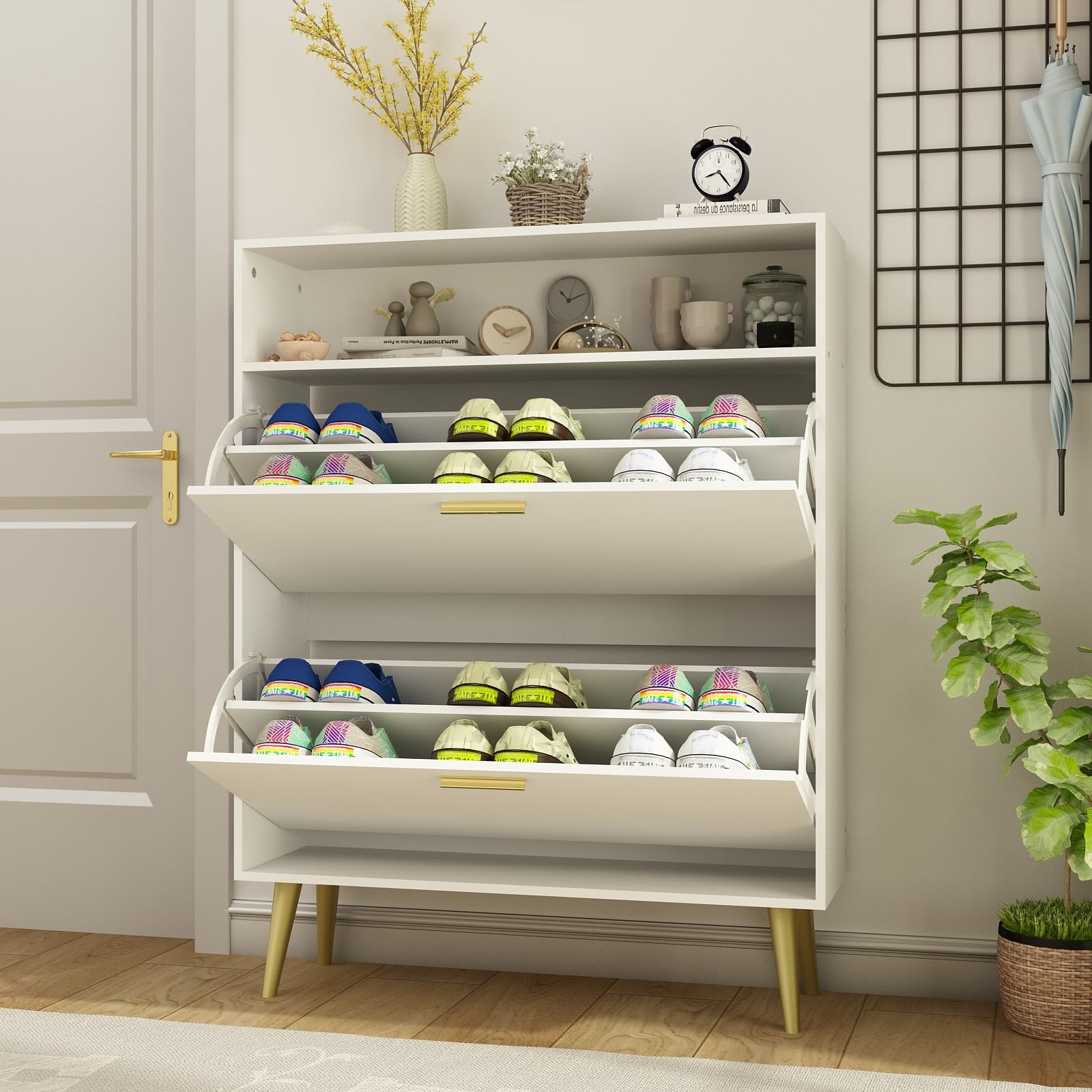 Shoe Cabinet for Entryway, White Shoe Storage Cabinet with 2 Flip Doors and Shelf, Narrow Hidden Shoe Cabinet for Entryway Slim, Freestanding Shoe Rack Cabinet, White