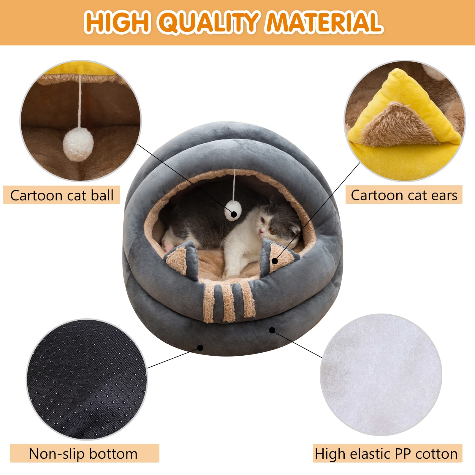 Galatée Maison Pour Chat, Lit Douillet Et Doux Pour Chat, Cachette, Petite Tente Pour Chien, Maison Douce, Maison Pour Animal De Compagnie Avec Dessin Animé(XL, Gris