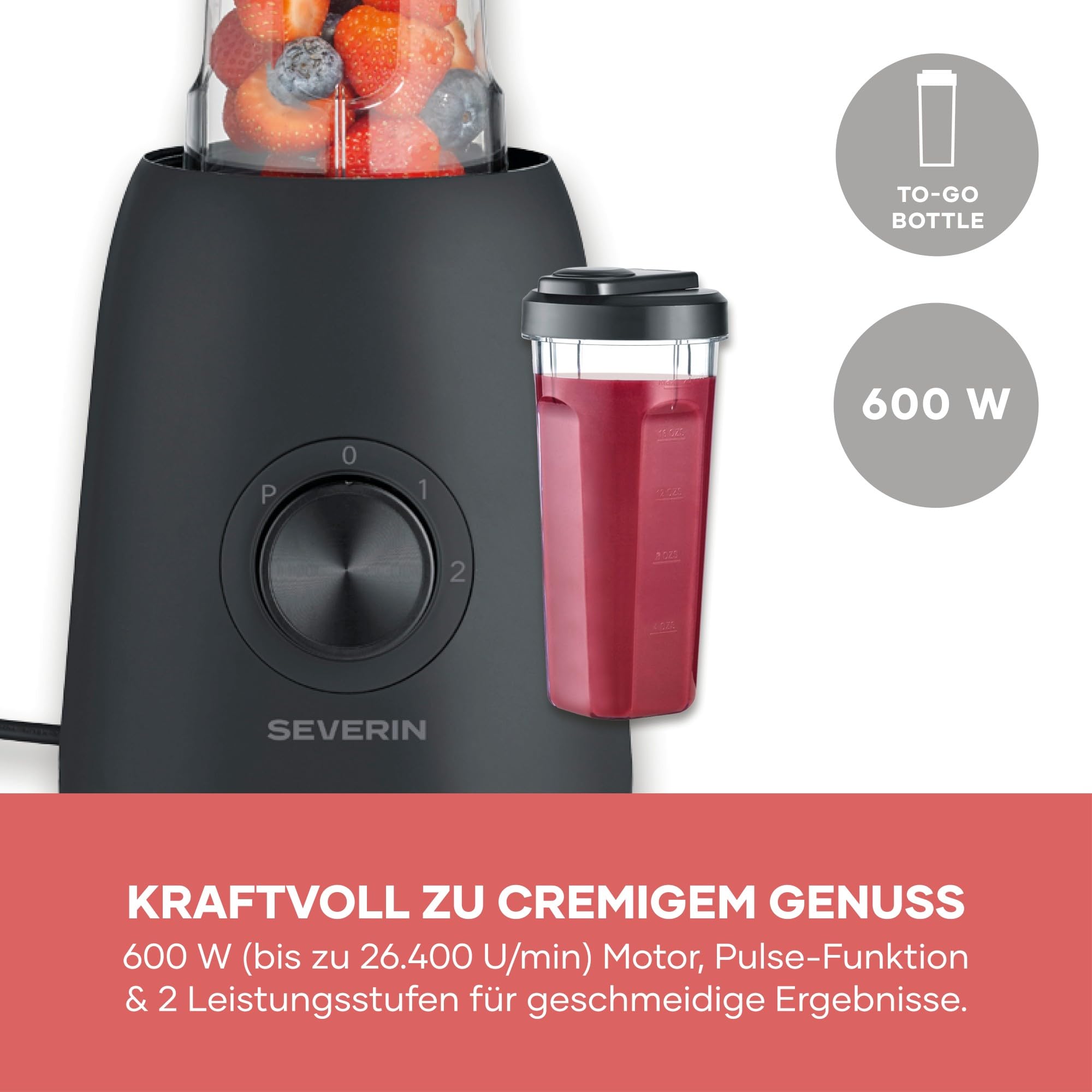 Severin Standmixer, Smoothie Maker, Blender elektrisch, 1,5L, 2 Stufen, Impulsfunktion, spülmaschinengeeignete Teile, Edelstahlmesser, inkl. to go Behälter und Mühlen-Aufsatz, 600W, schwarz, SM 3724