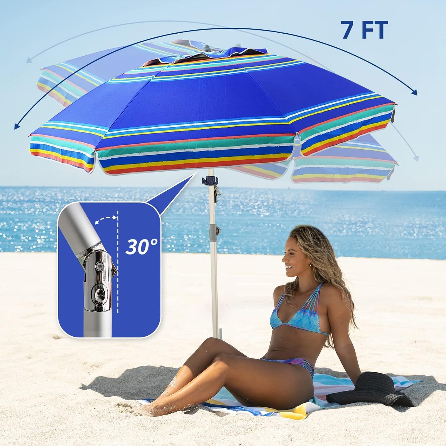 AMMSUN 7ft Heavy Duty High Wind Beach Umbrella Parasols with Sand Anchor Vent Tilt UV 50+ Sun Protection Portable Outdoor Sunshade Umbrellas Carry Bag for Patio Garden Pool Backyard Blue