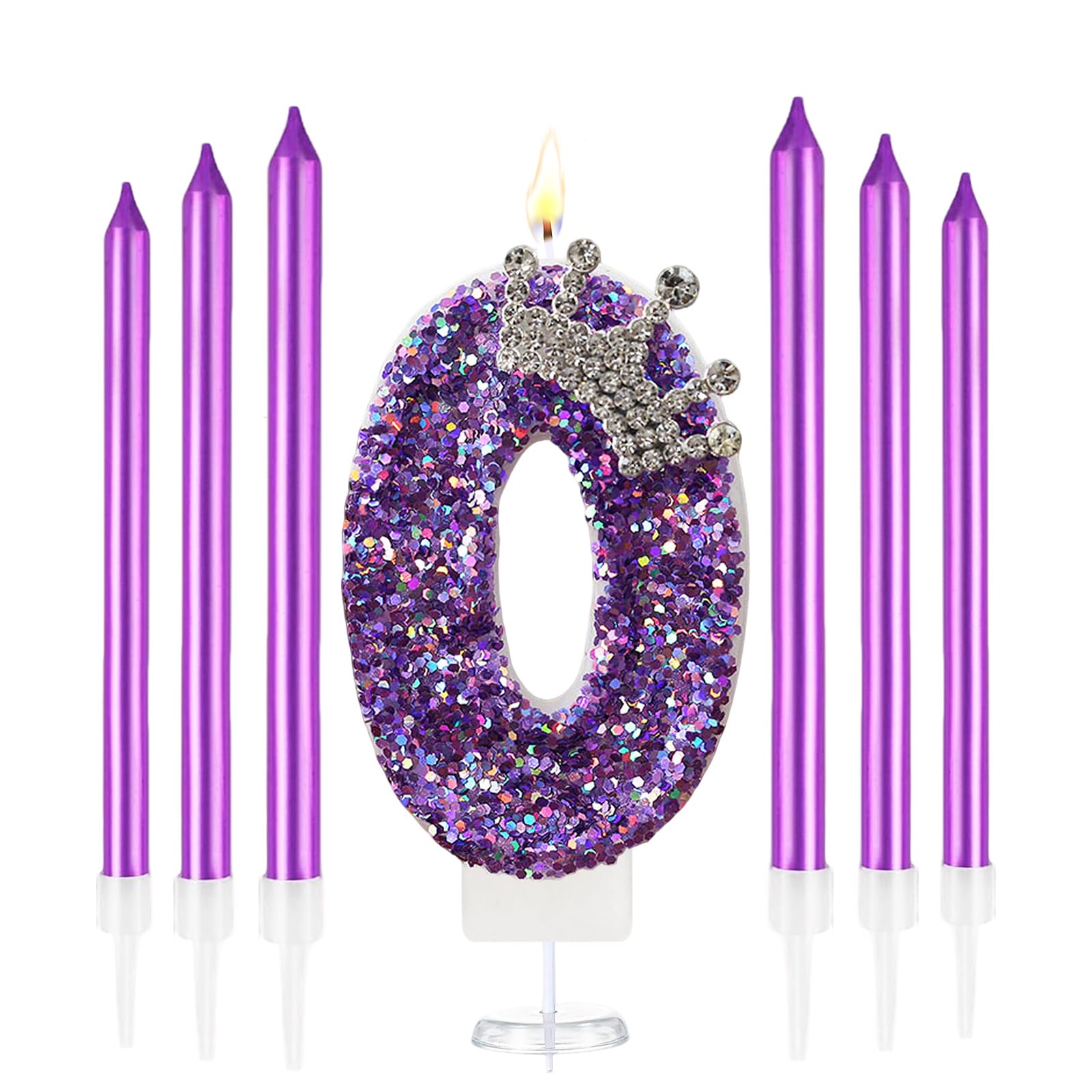 K Pop Number Birthday Candles, Glitter Crown Birthday Candles with 6 Pcs Long Candles, Stylish Kpop Music Themed Cake Topper for Girls Birthday Party Supplies (0 Candle, Holo Purple)