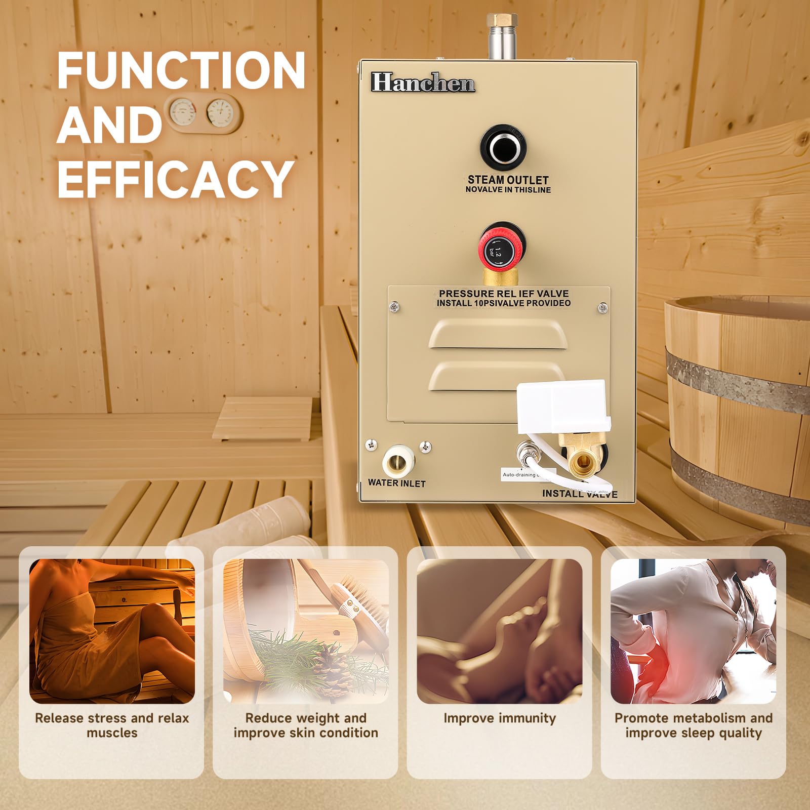 Hanchen 9KW Generador de Vapor para Sauna Baño Turco Ducha 7.5m³ Temperatura Ajustable 35-55℃ CE Temporizador 10min-12h 380V CE