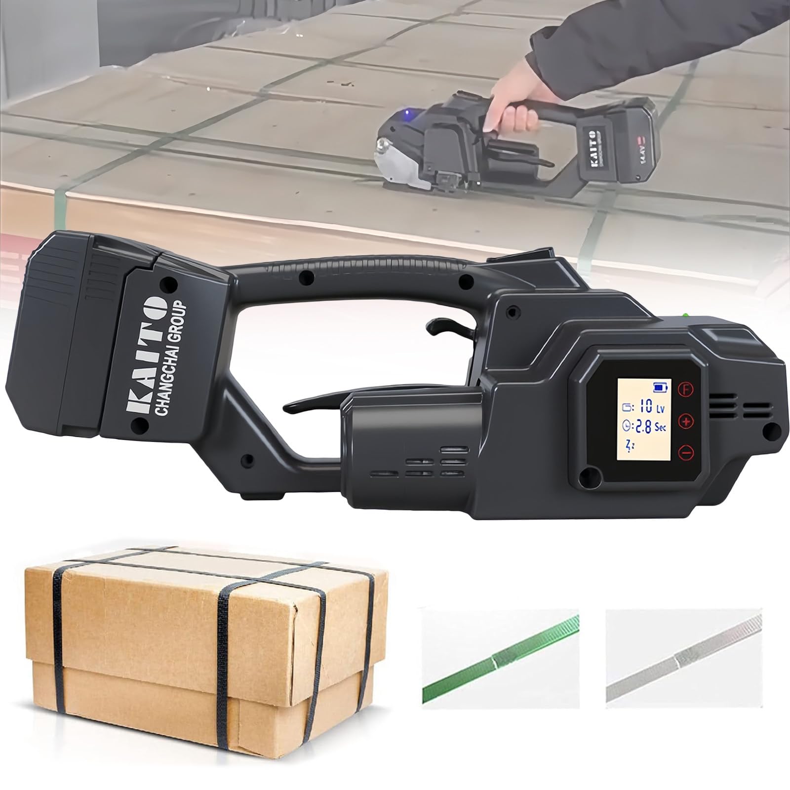YXYLJOZ Portable Electric Strapping Machine with LED Display - 7-19mm PP/PET Bands, 1/2 x 4000mAh Battery, Automatic Pallet Packing Tool, Ideal for Industrial Use (1 Battery)