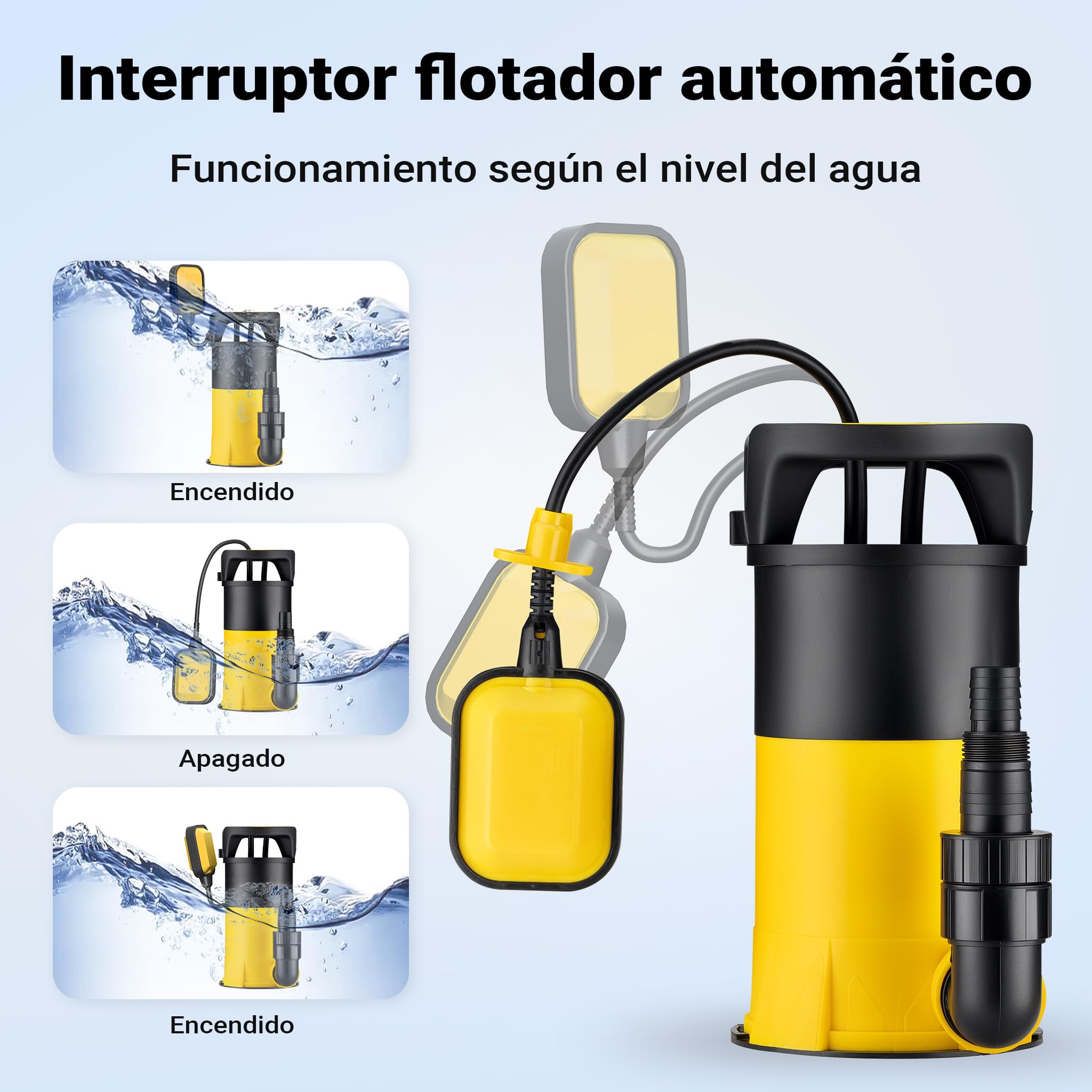Wiltec Bomba de agua 3 en 1 aspiración plana 400W, caudal 8000 l/h, altura 5 m, para agua limpia y sucia