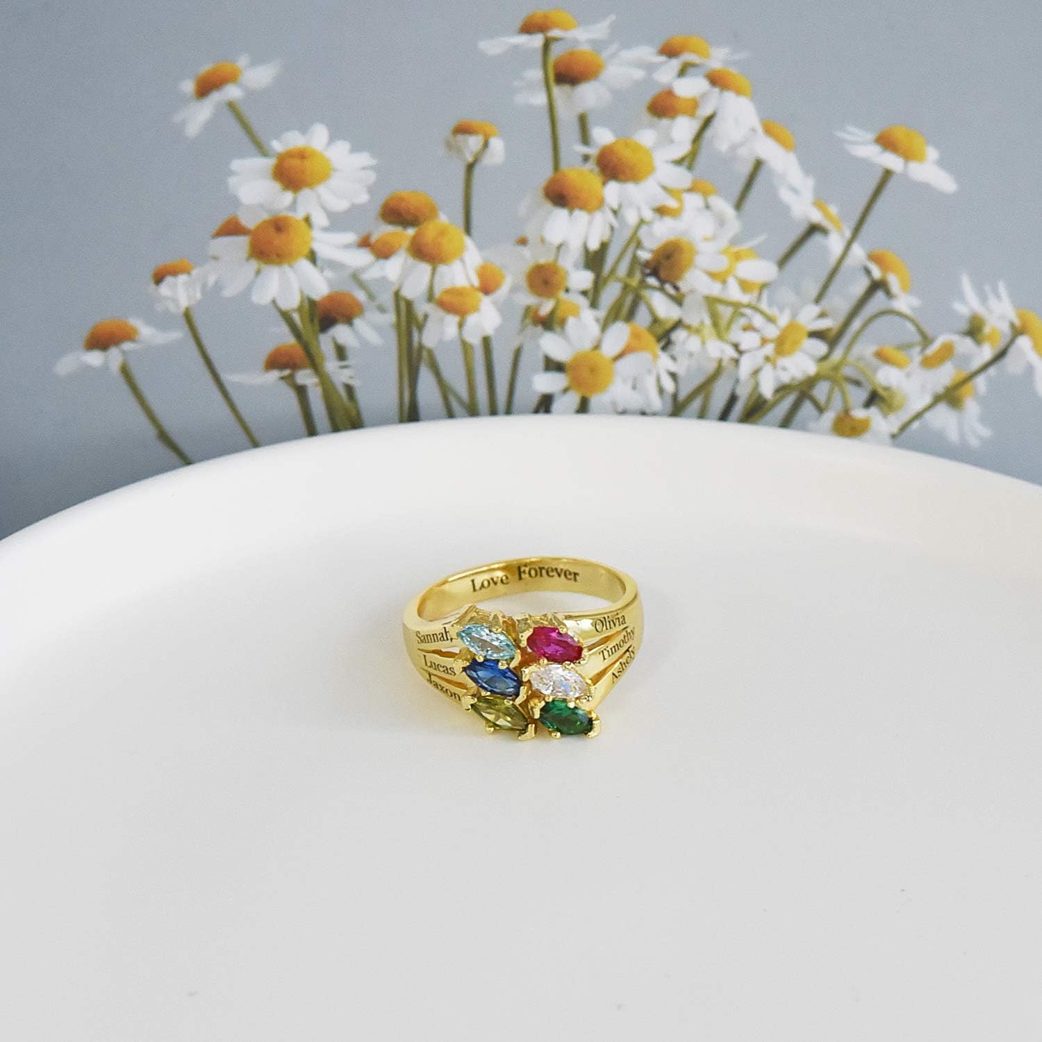 Customized Mother Name Rings with 2-6 Birthstones Engraving Personalized Stacking Family Mom Name Rings