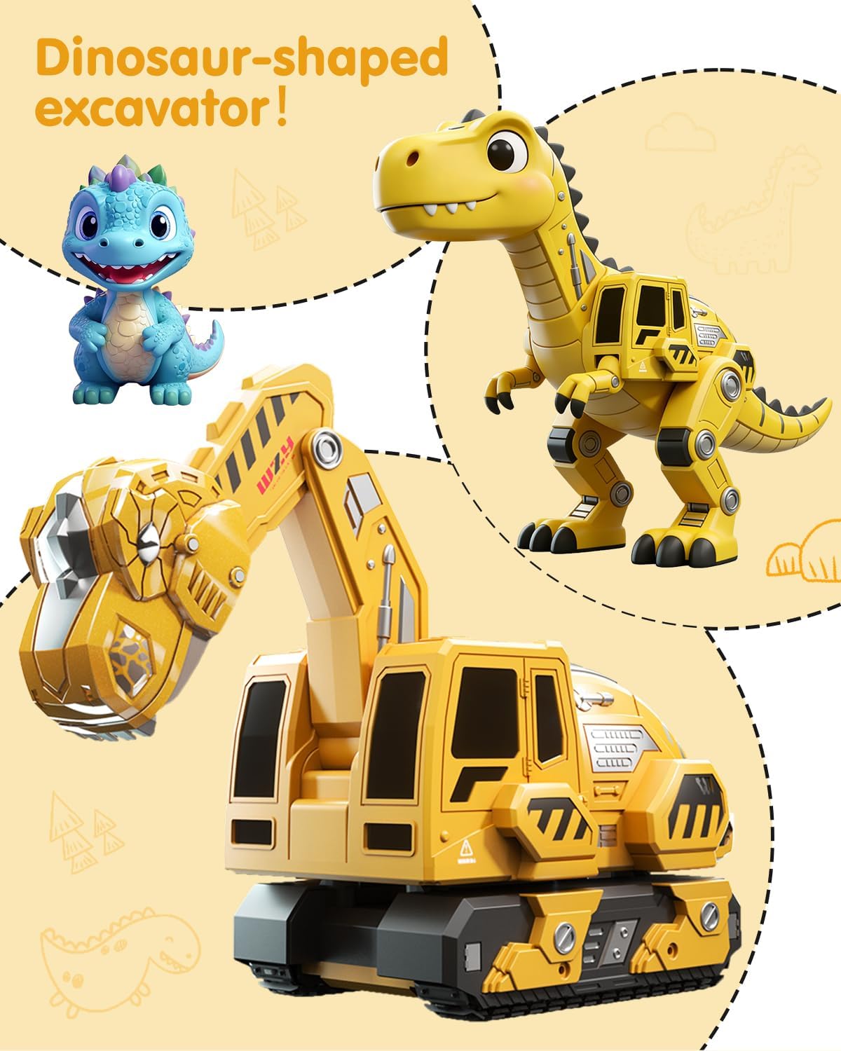 Remote Control Excavator Toys for Boys 4-7, Construction Trucks 2.4GHz RC Excavator with Light and Sound, Dinosaur Toys for Kids 3-5, Christmas Birthday Gifts for Kids (Yellow)