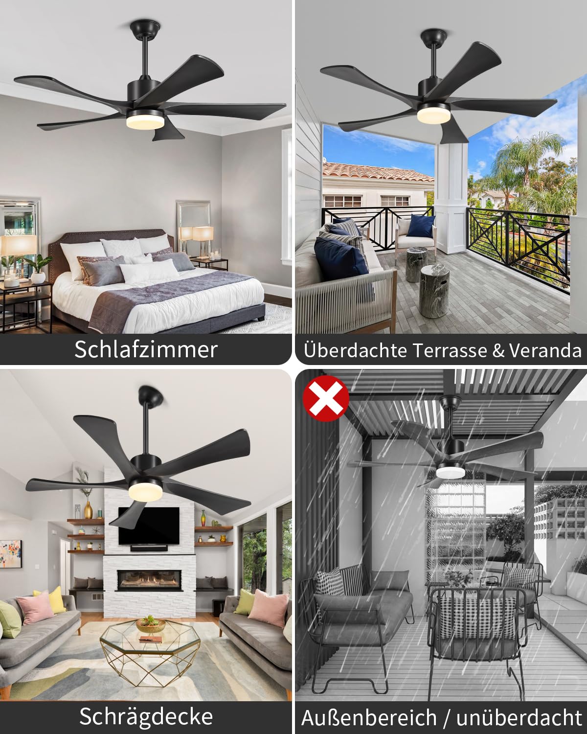 132cm Deckenventilator Mit Beleuchtung Und Fernbedienung 5 Flügel Schwarz | 6 Stufen Leiser 3 Verlängerungsstangen Timer 3 Farbtemperaturen Dc-Motor Deckenventilator Mit Licht Outdoor