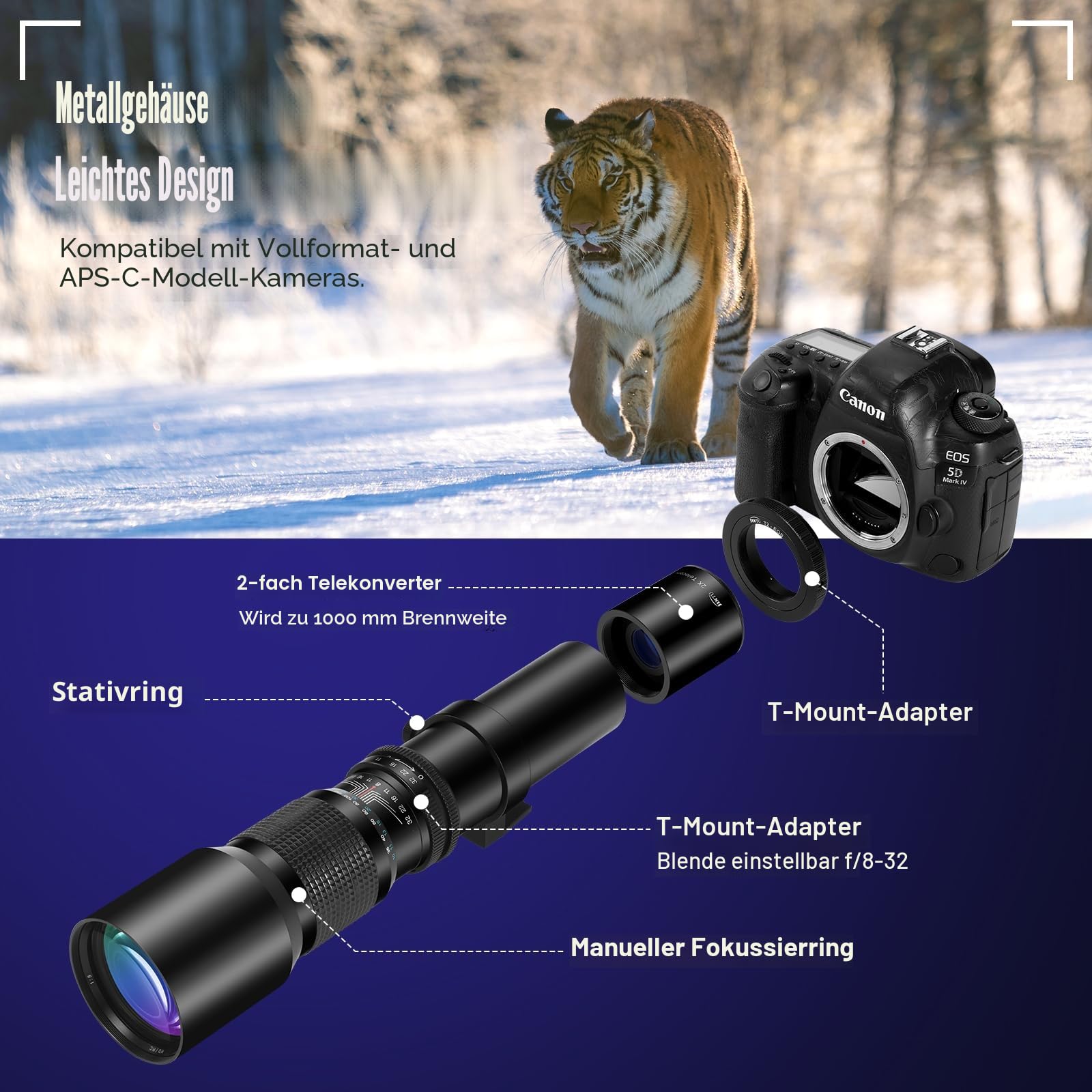 JINTU 500-1000mmTeleobjektiv EF Objektiv Manueller MF Objektiv für Canon T8i/T7i/T7/T6i/T5/T3i/T3/T2i/XSi 4000D 2000D 1500D 1300D 1200D 850D 800D 750D 600D 500D 550D DSLR Kameras Objektive EF/EF-S