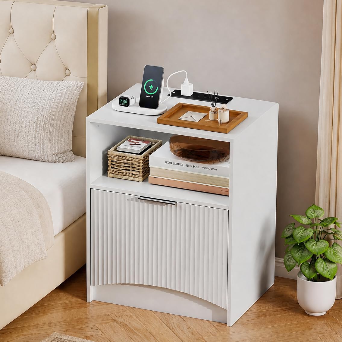 YOURLITE Bedside Table with Charging Station, Wooden Side End Table