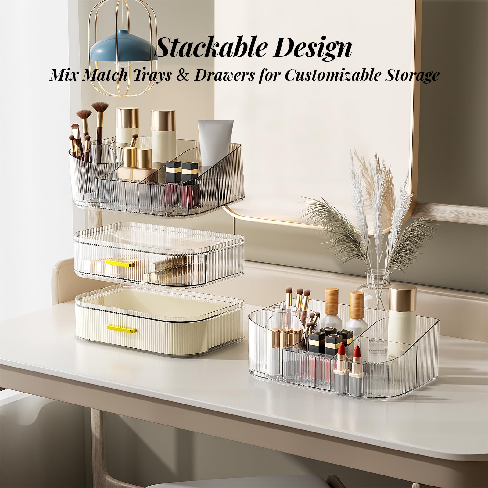 Organizer per trucchi per toeletta con cassetti impilabili, porta pennelli da trucco rotante a 360 gradi, grande espositore per cosmetici per comò, organizer per la cura della pelle da piano di