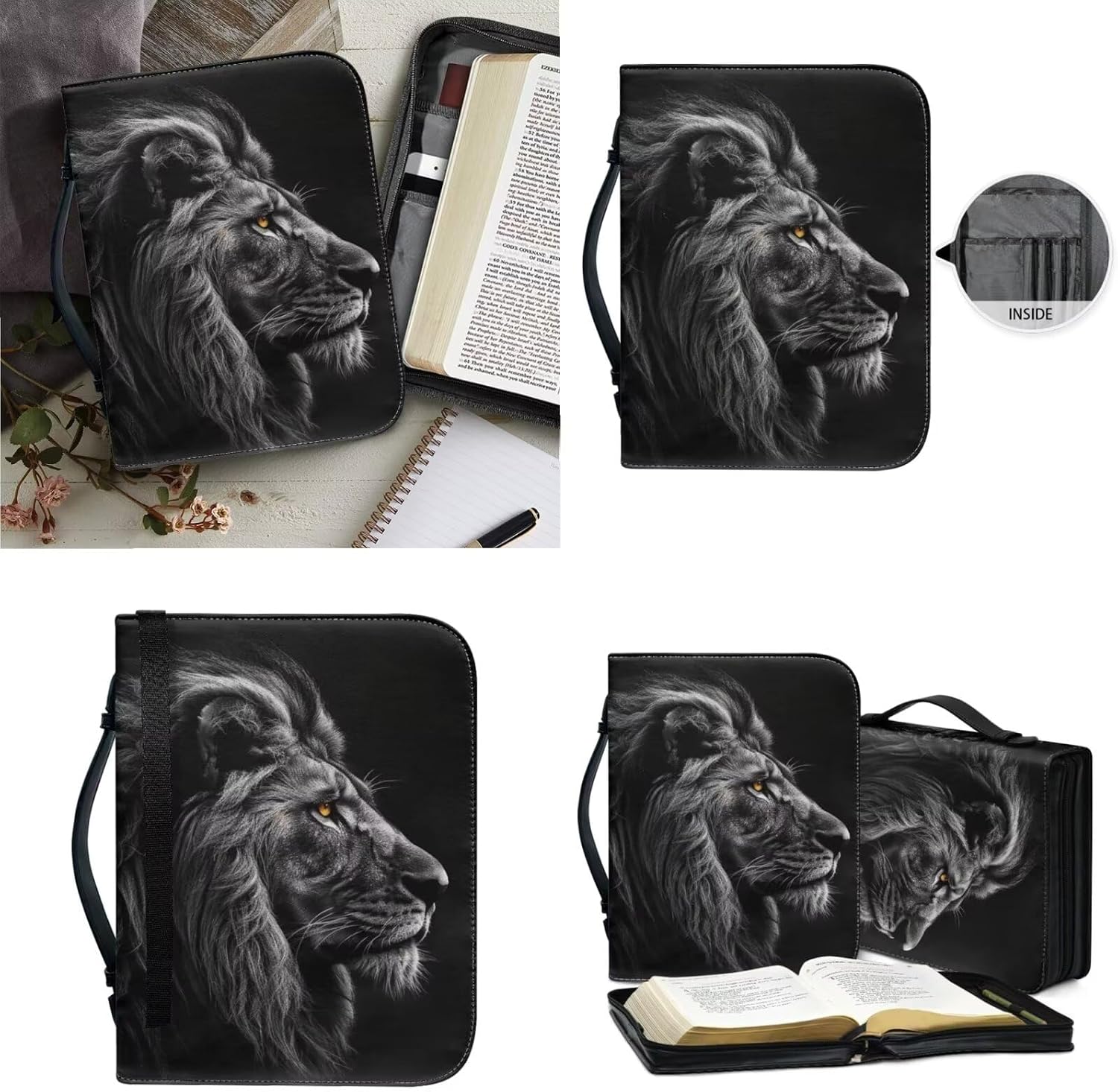 Lotusorchid Lion Print Leather Bible Cover for Men, Bible Carrying Case with Leather Keychain, Bible Protective Case Bible Tote Bag for Church Daiy Use, Black, Size XL