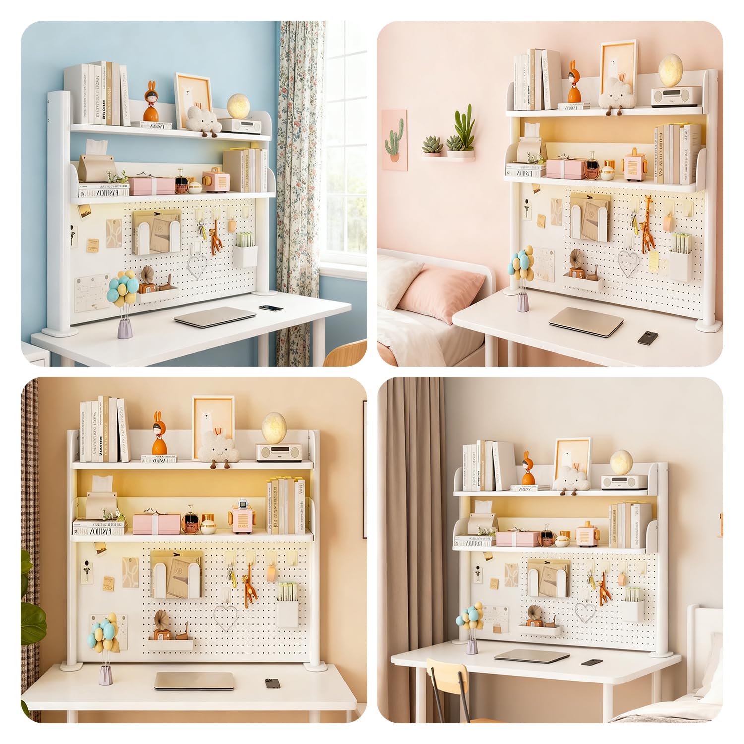 Klemmbare Schreibtisch Regal with Pegboard, Weiß 2-Ebenen Büro-Computertisch Zubehör Organizer Desk Shelf Aufbewahrungsregal, für Büro, Gaming, Zuhause(60cm)