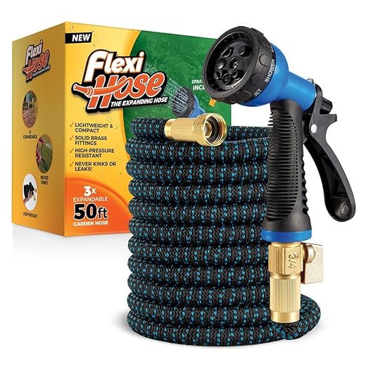 Flexi Hose Expandable Garden Hose with 8 Function Nozzle, 50FT - Lightweight Retractable Garden Hose, Water Hose - No-Kink Flexibility, 3/4 Inch Solid Brass Fittings and Double Latex Core
